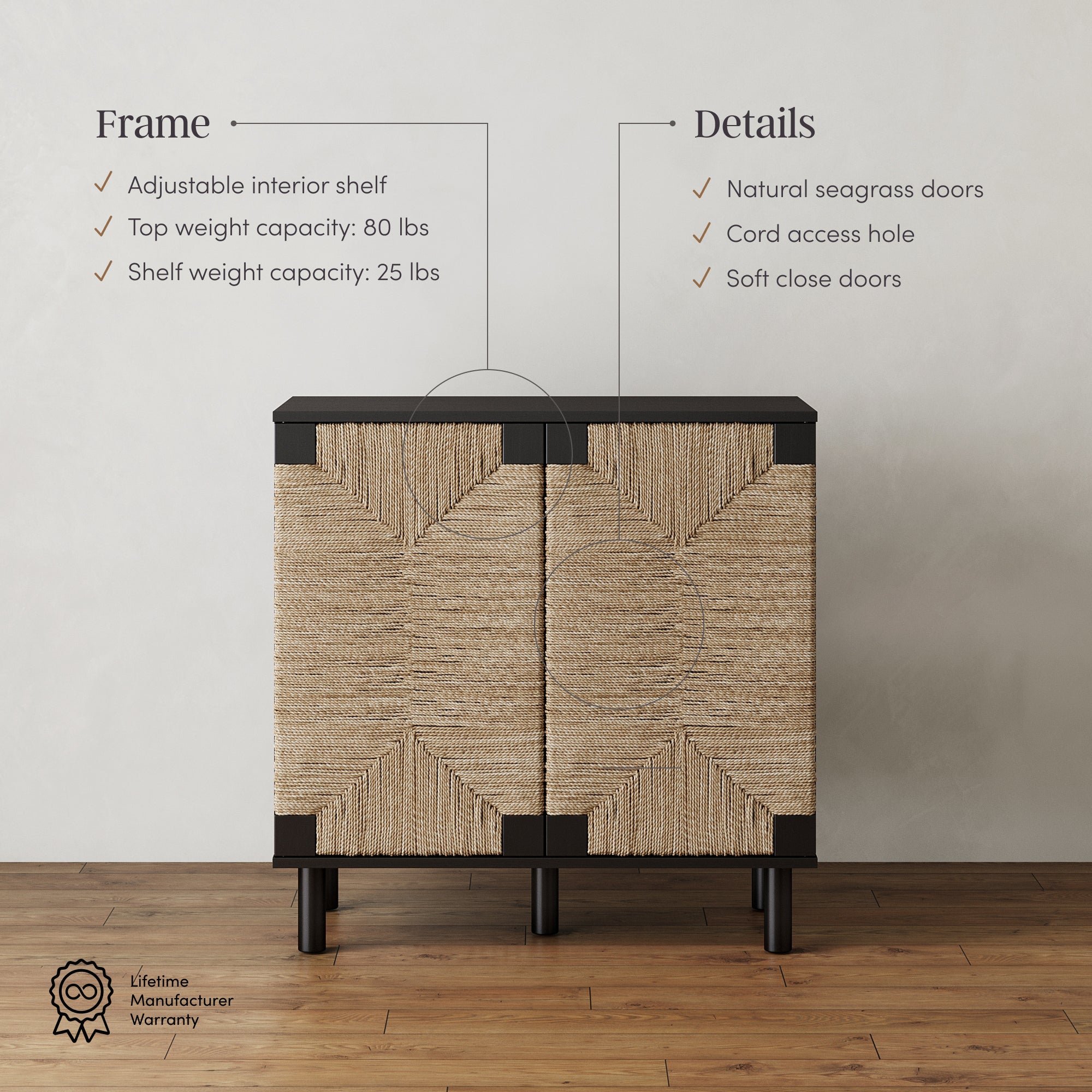 Beacon Wood Cabinet Black Sideboard with Seagrass Doors | Nathan James