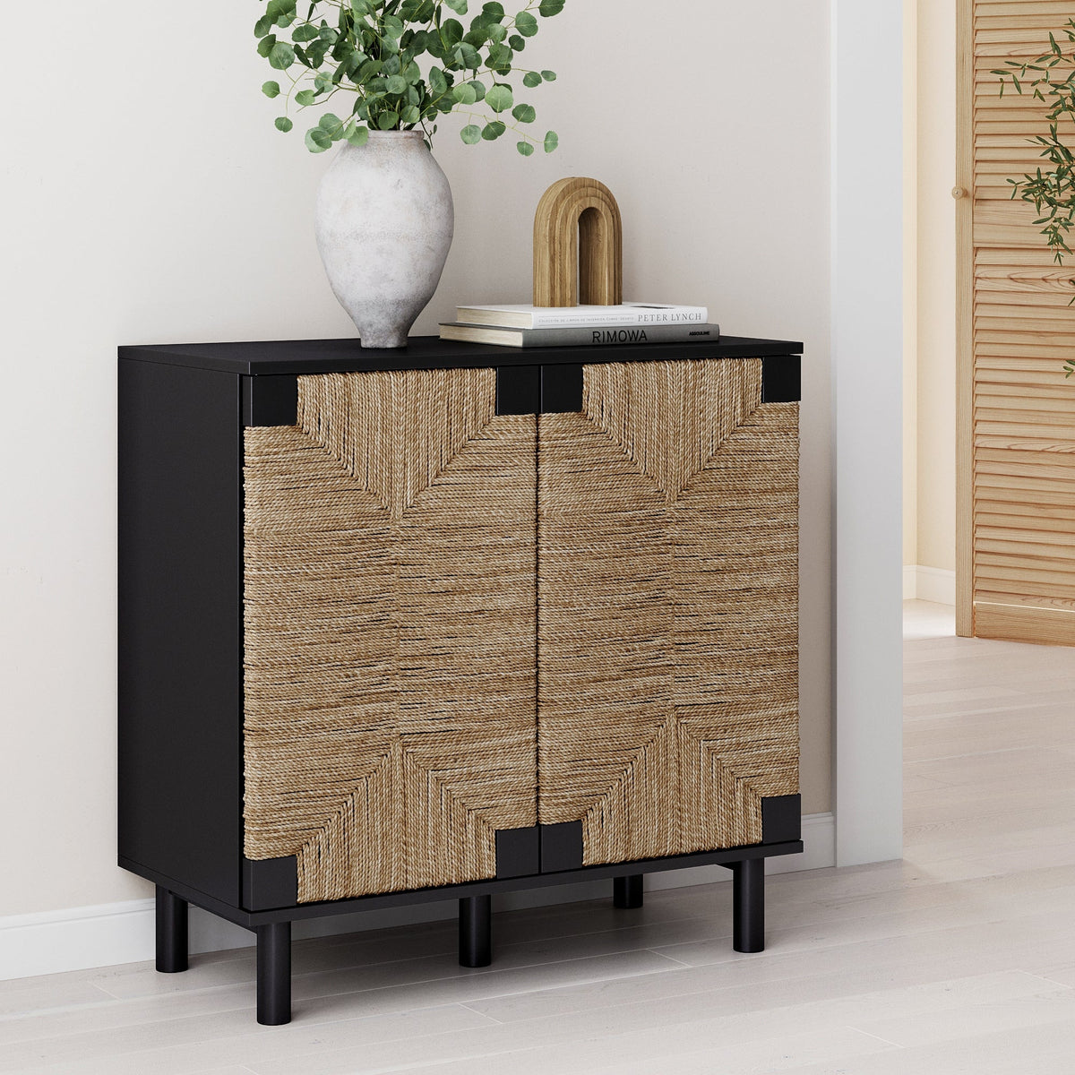 Beacon Wood Cabinet Black Sideboard with Seagrass Doors | Nathan James