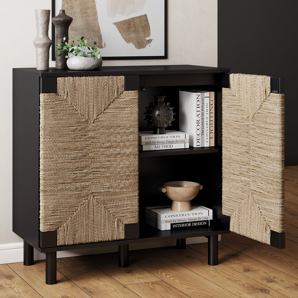 Beacon Wood Cabinet Black Sideboard with Seagrass Doors | Nathan James