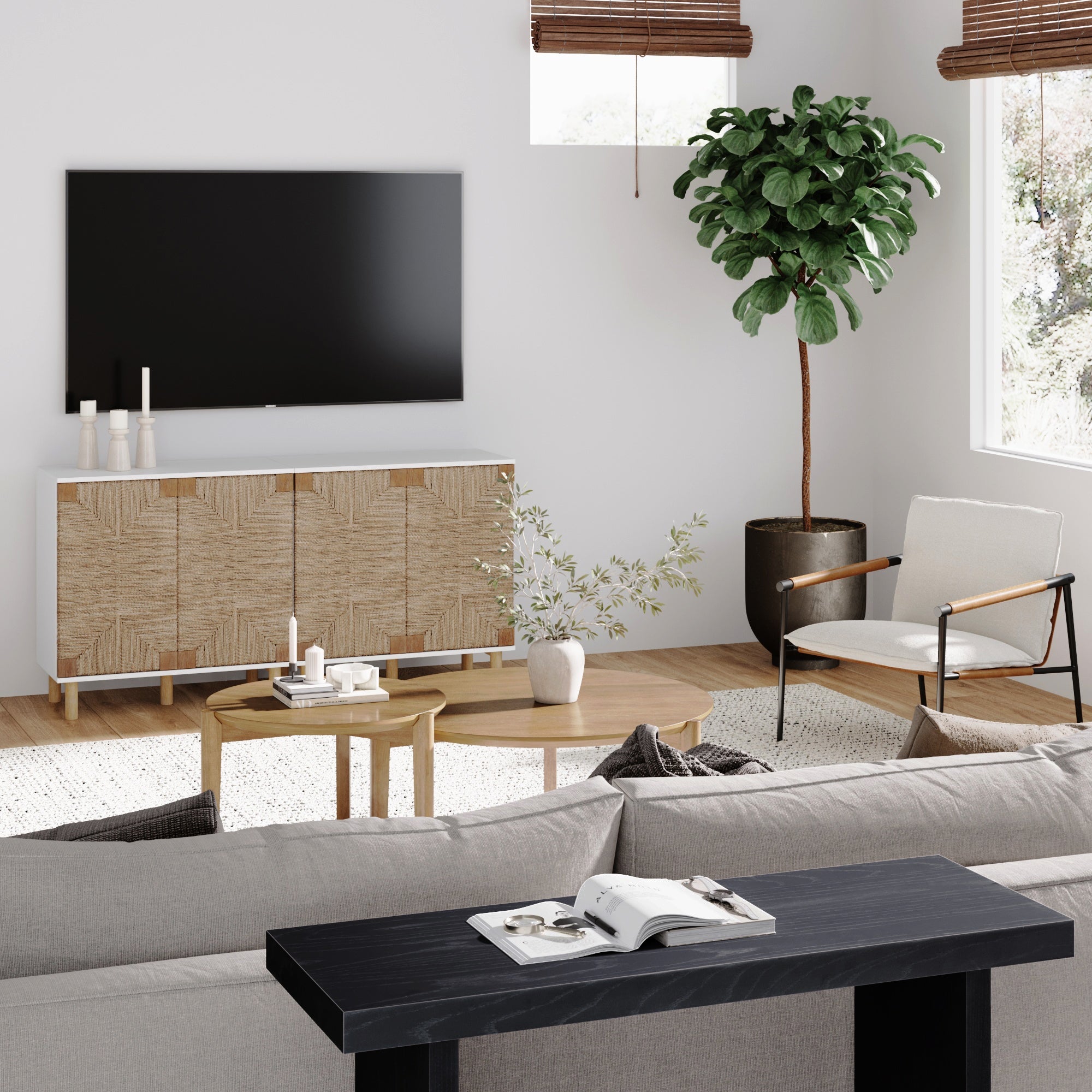 Wood & Seagrass Storage Cabinet White Set of 2 | Nathan James