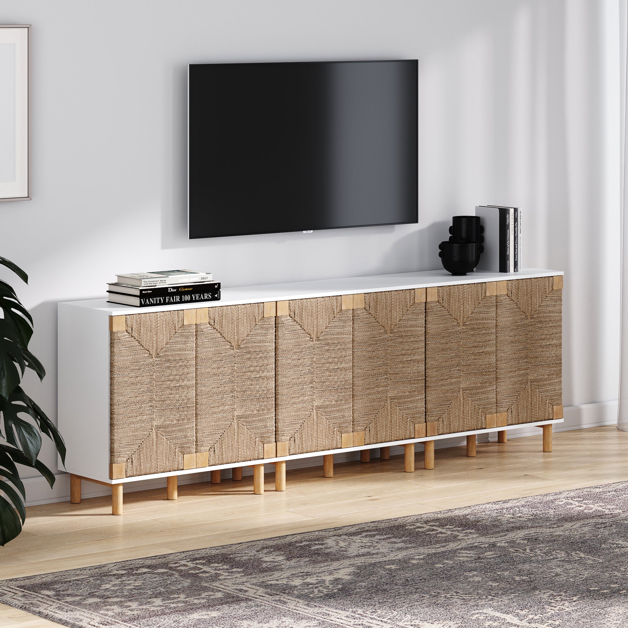 Wood & Seagrass TV Cabinet White