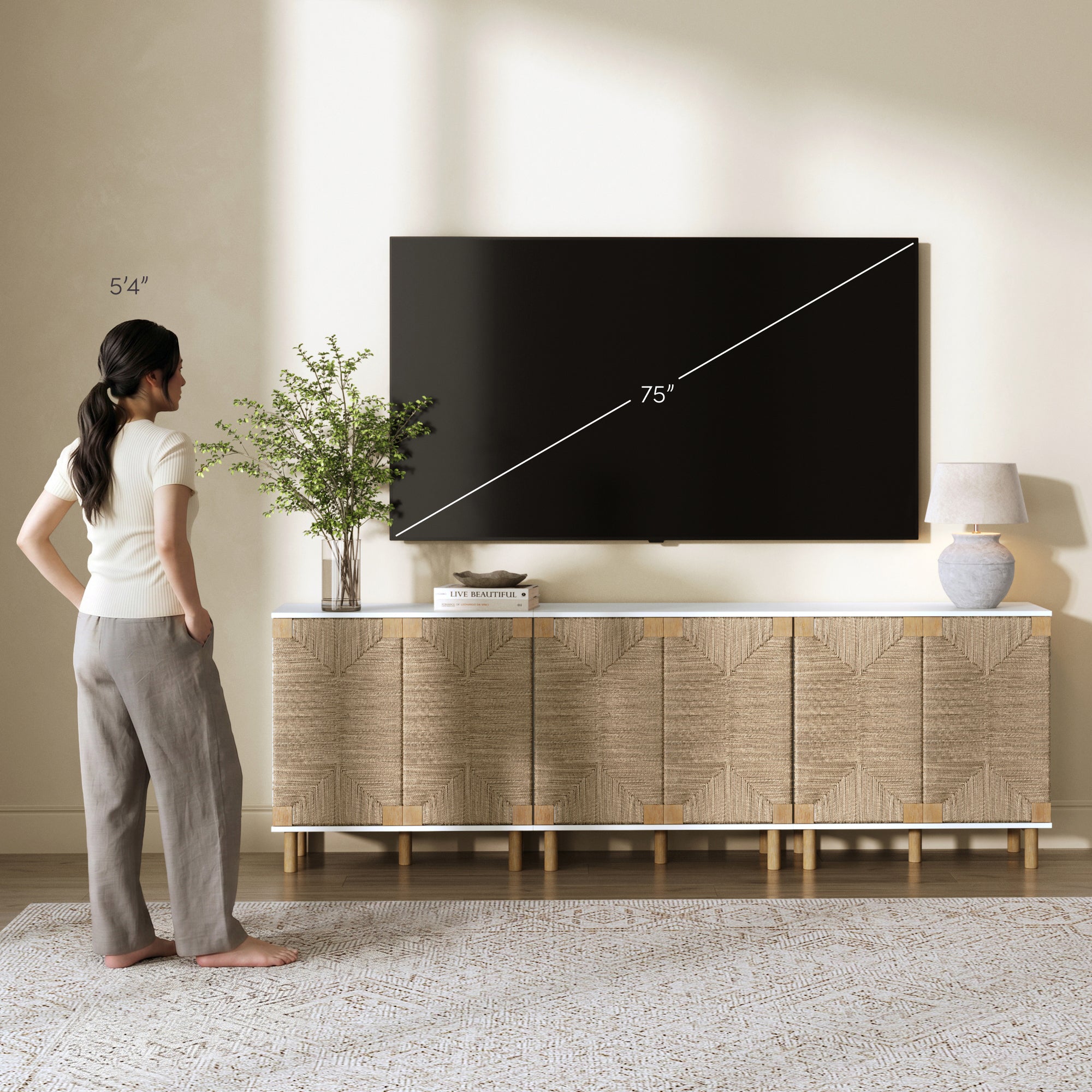 Wood TV Console for TVs up to 75" with Seagrass Doors White - Nathan James