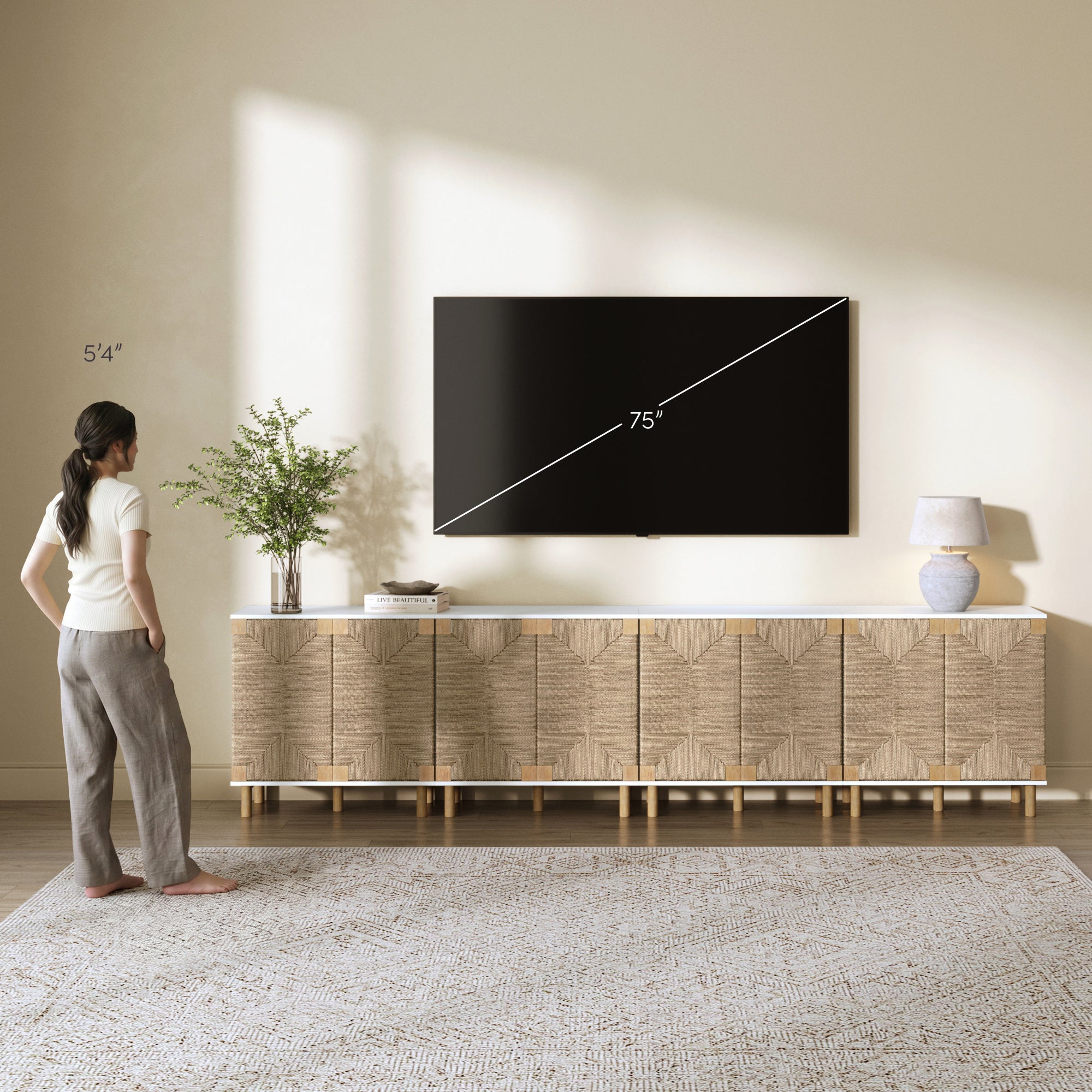 Wood TV Console for TVs up to 100" with Seagrass Doors White - Nathan James