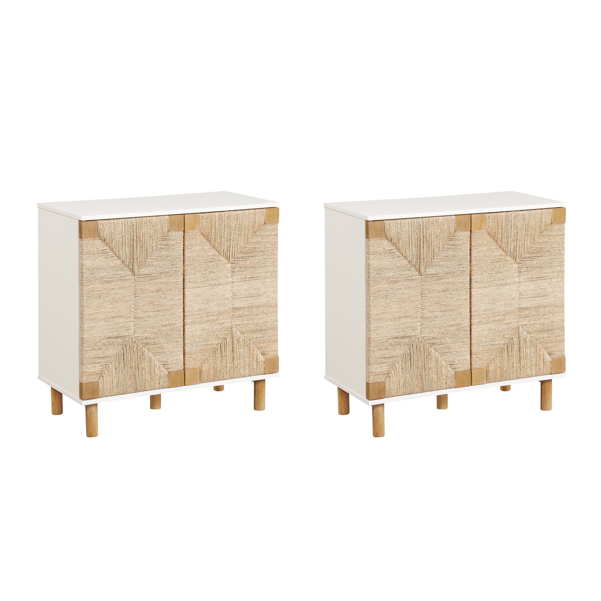 Two modern cabinets with white frames, light wood legs, and textured beige front doors featuring geometric patterns, shown side by side against a plain white background.