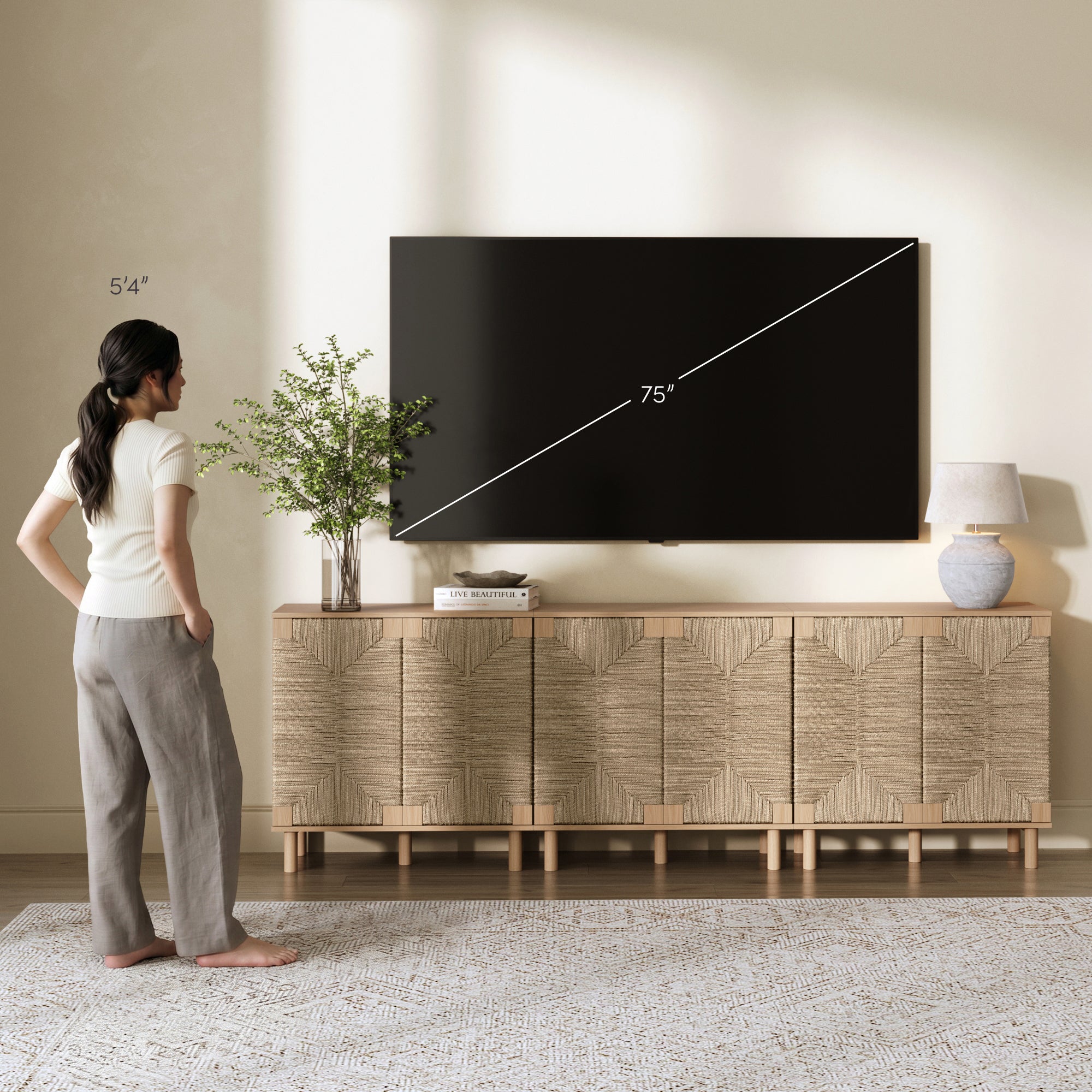 Wood TV Console for TVs up to 75" with Seagrass Doors Raw Oak - Nathan James