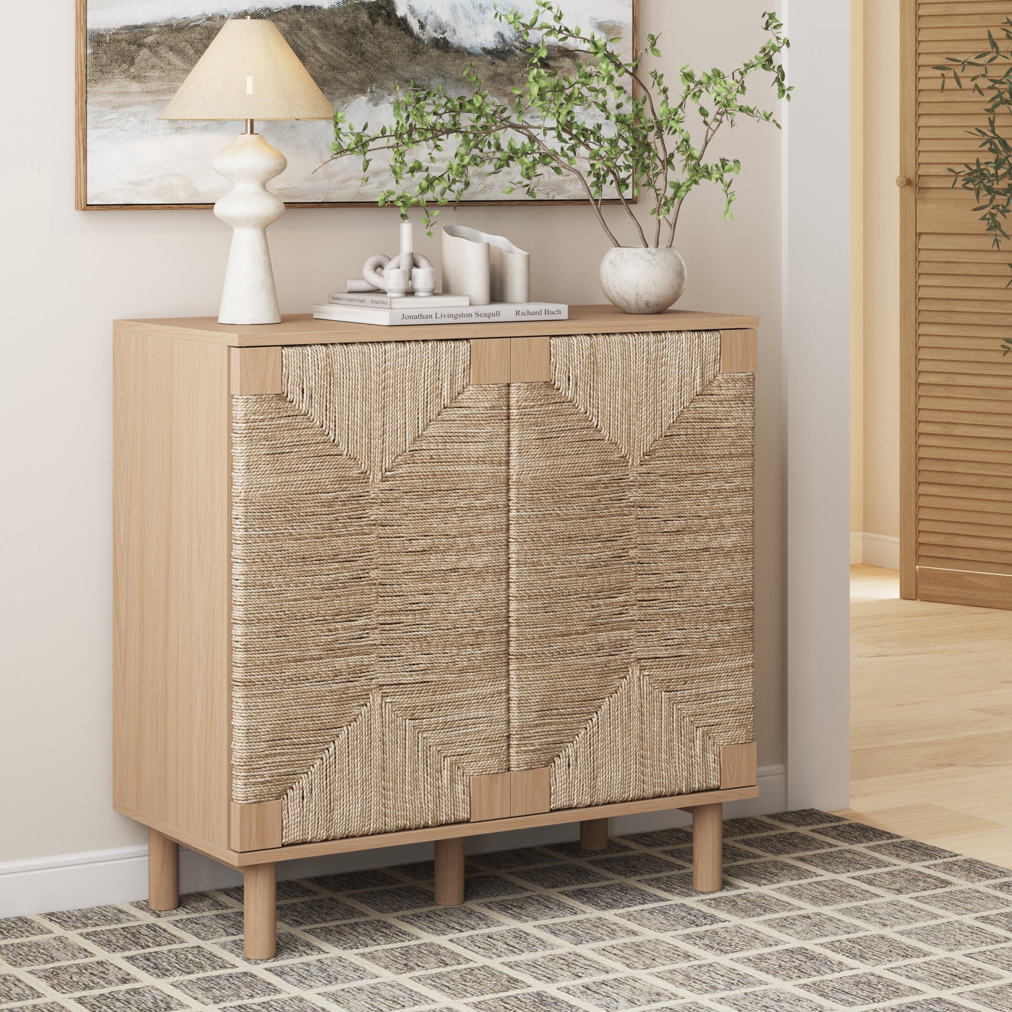 Wood & Seagrass Storage Cabinet Raw Oak