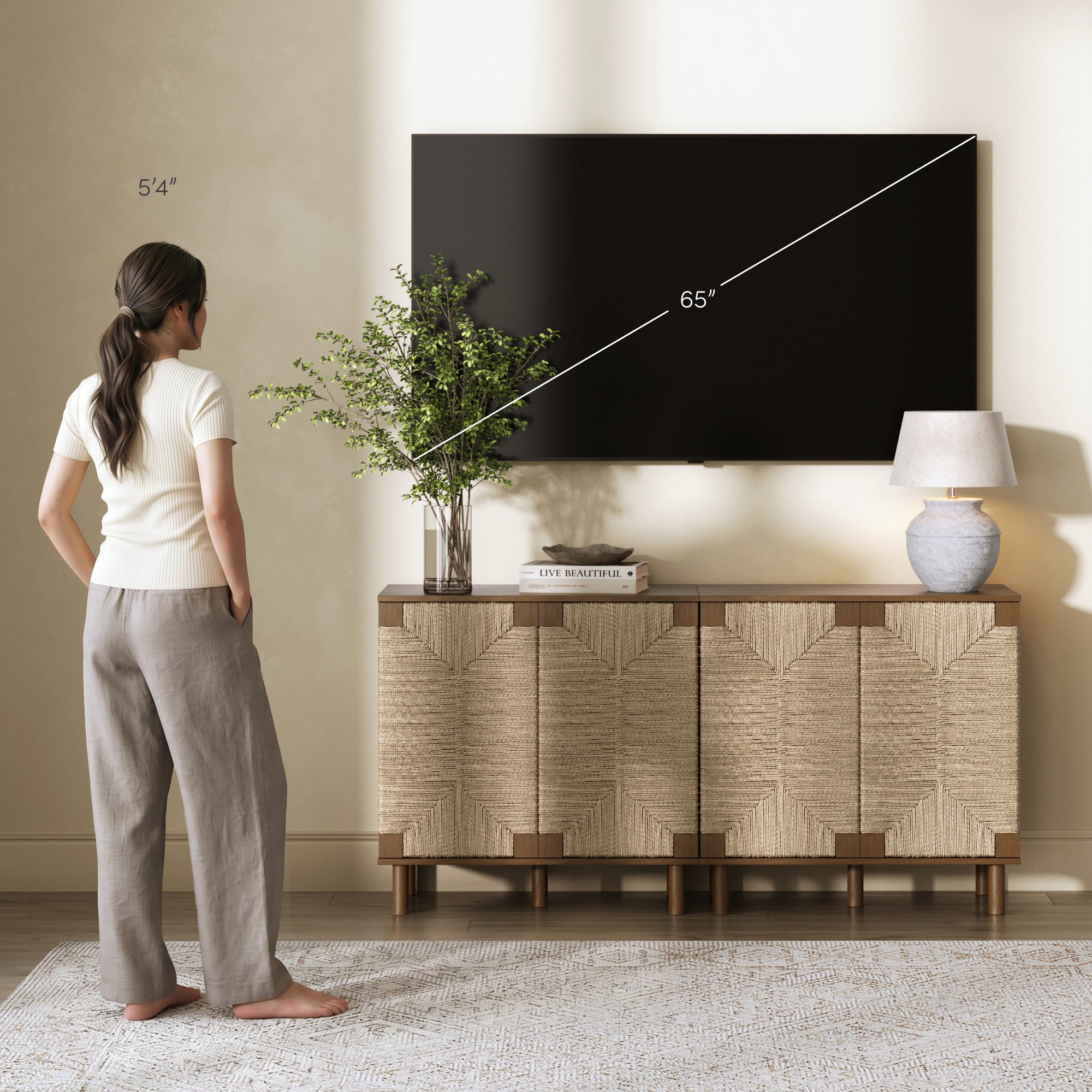 Wood TV Console for TVs up to 65" with Seagrass Doors Dark Brown - Nathan James