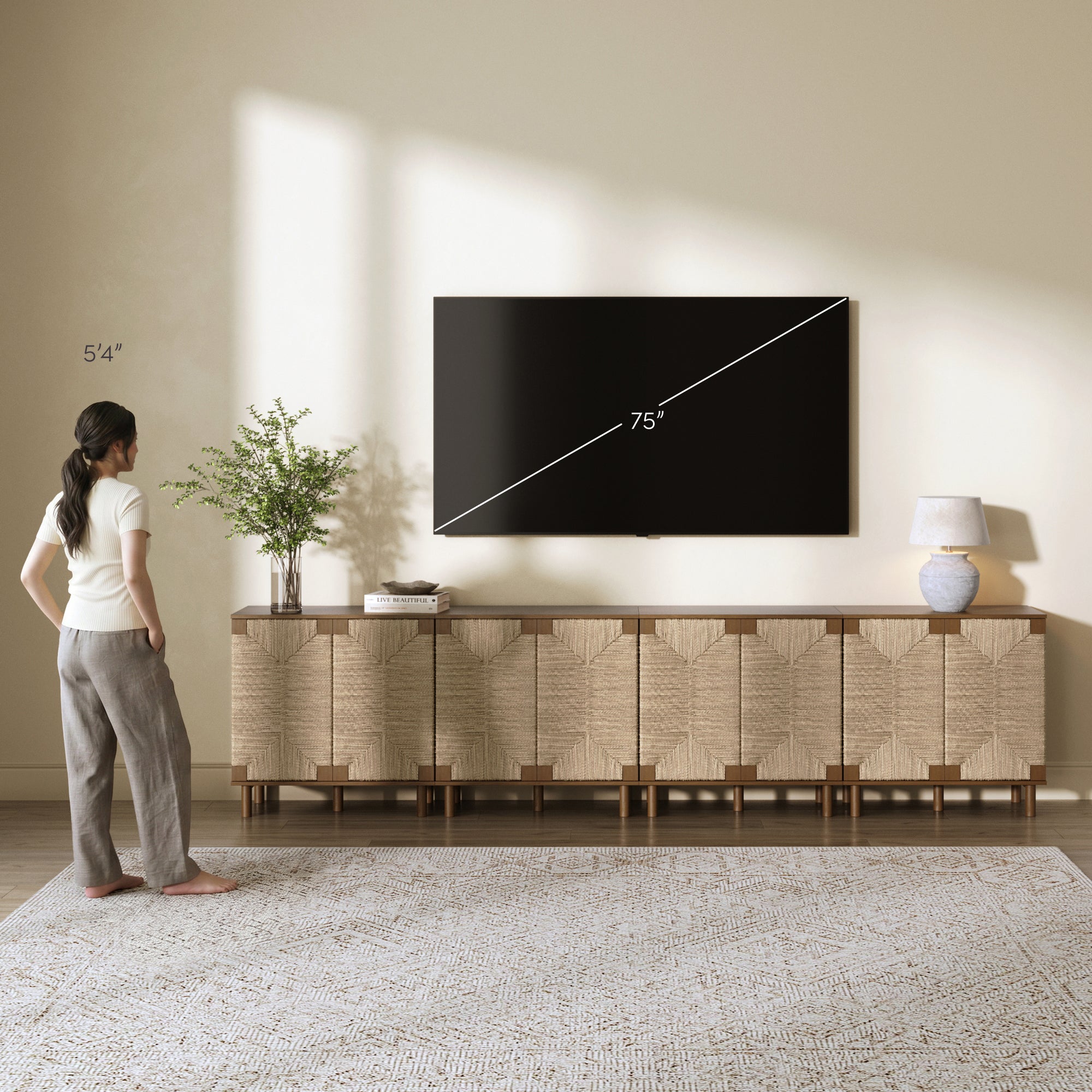 Wood TV Console for TVs up to 100" with Seagrass Doors Dark Brown - Nathan James