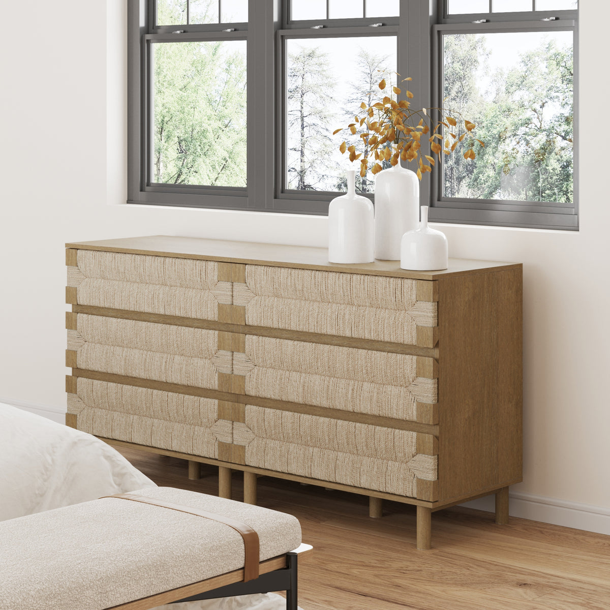 Beacon 3 Drawer Dresser, Bohemian Woven Seagrass Bedroom Dresser - Light Brown Set of 2