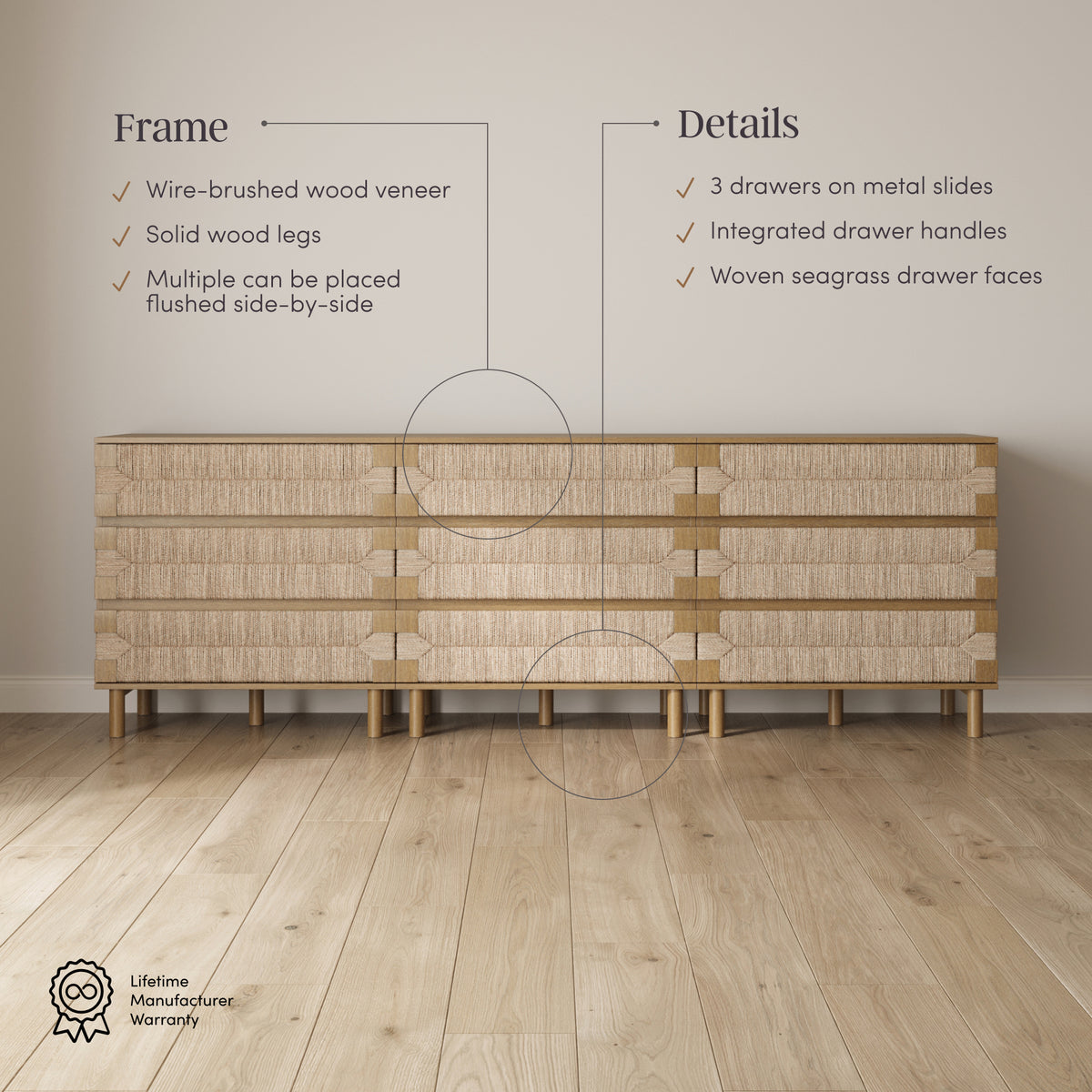 Boho Seagrass 3-Drawer Dresser Light Brown (Set of 3)