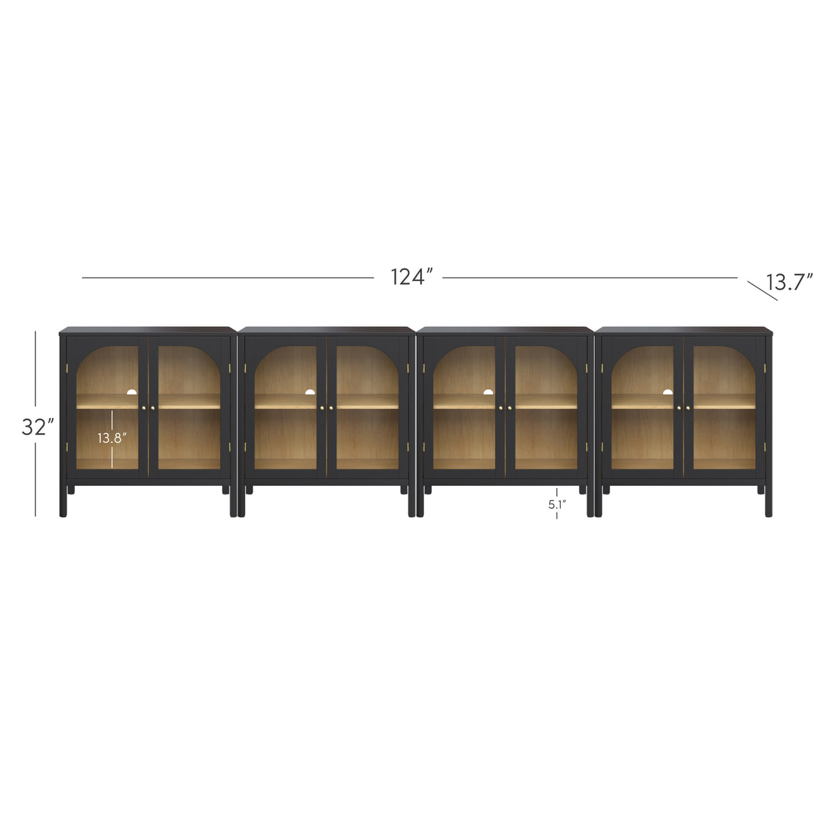 Large Glass Door Curio Cabinet Credenza Black (Set of 4) featuring four black arched cabinets with brass hardware and glass doors, shown in a row with height, width, and depth measurements.
