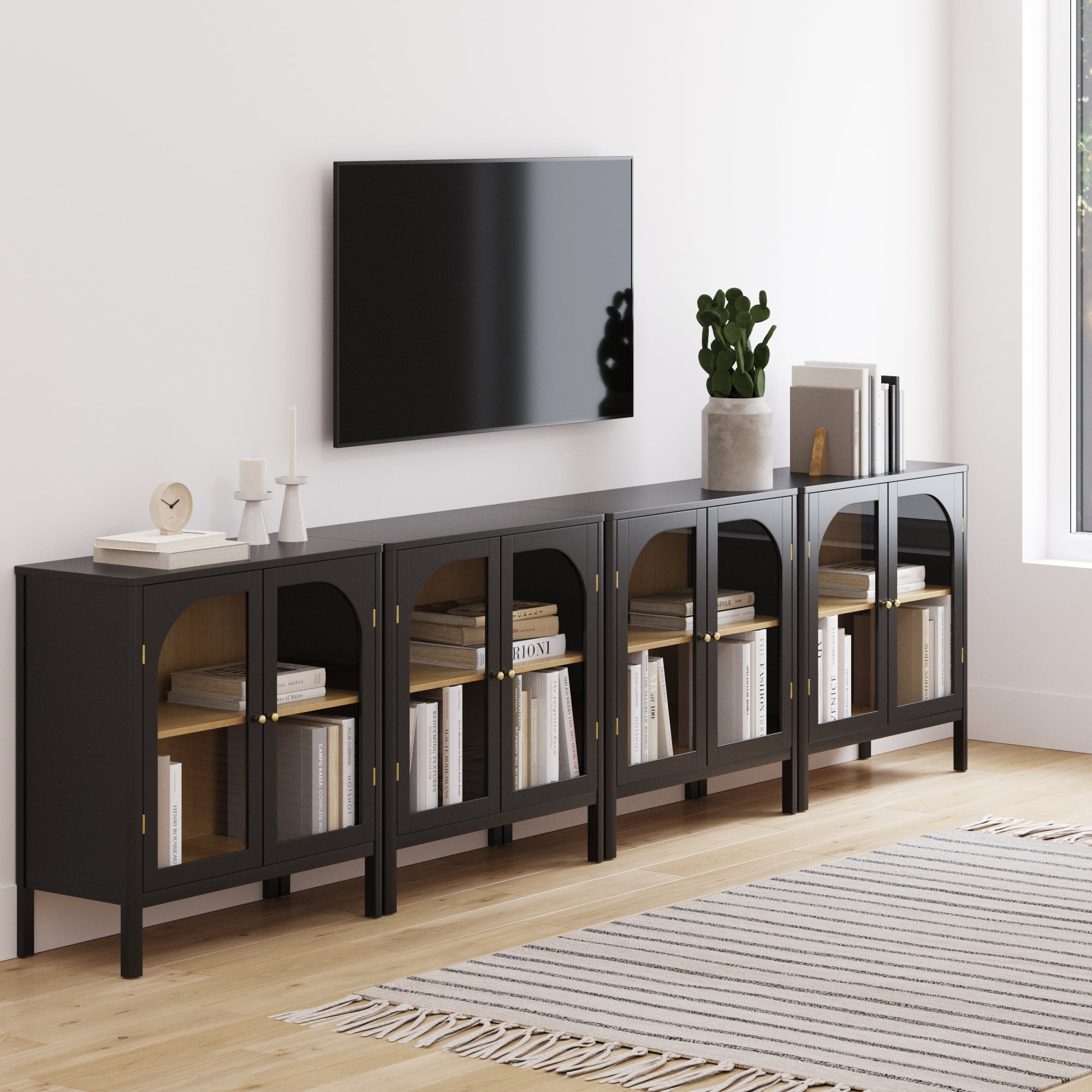 Large Glass Credenza Console Table Black (Set of 4)