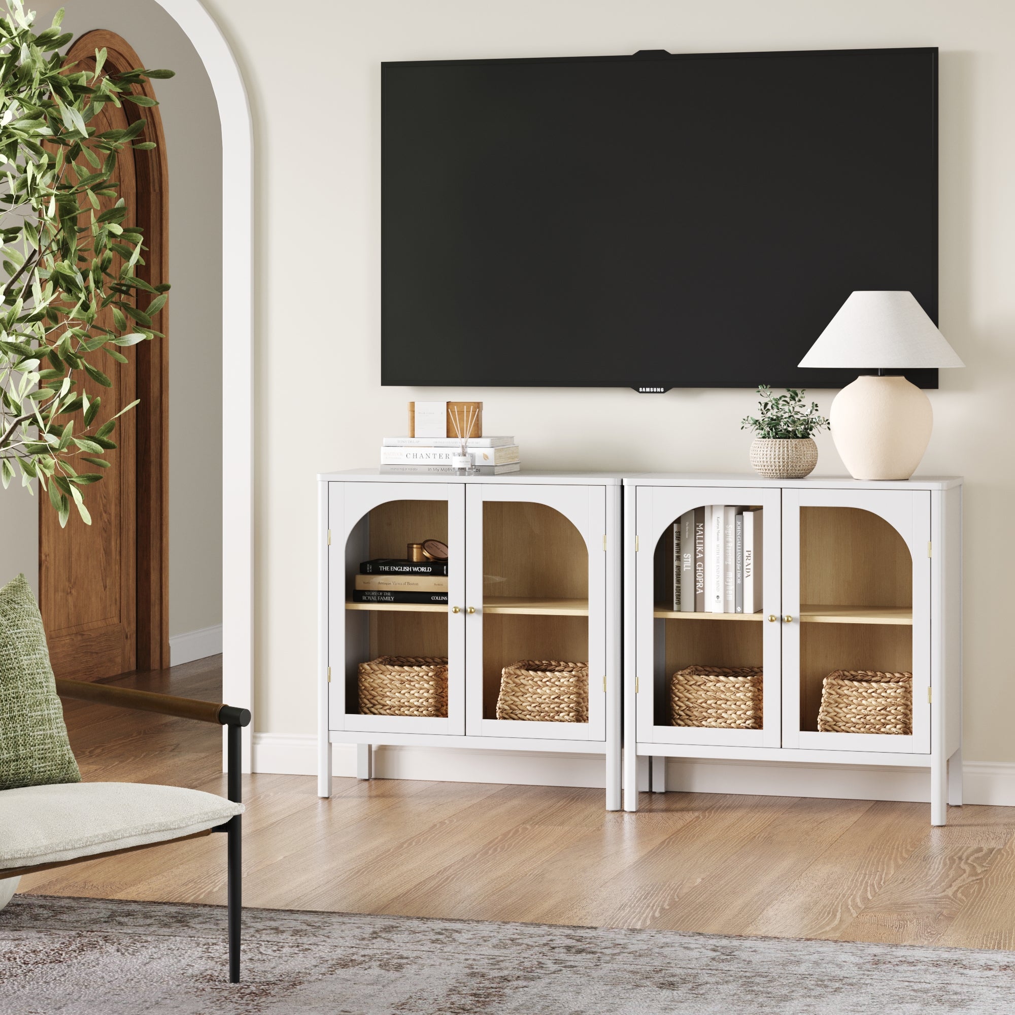 Glass Door TV Console Credenza White (Set of 2)