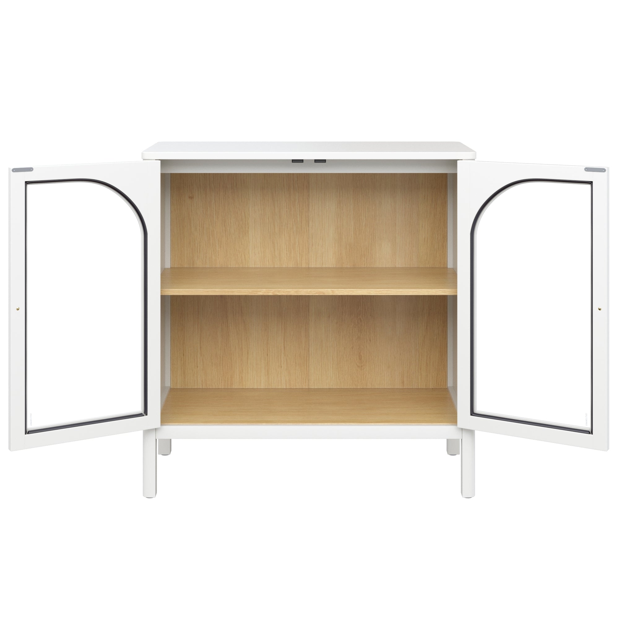 White cabinet with two open doors, black trim accents, and two wooden shelves inside. The interior is light wood, and the cabinet has a minimalist, modern design with straight legs.