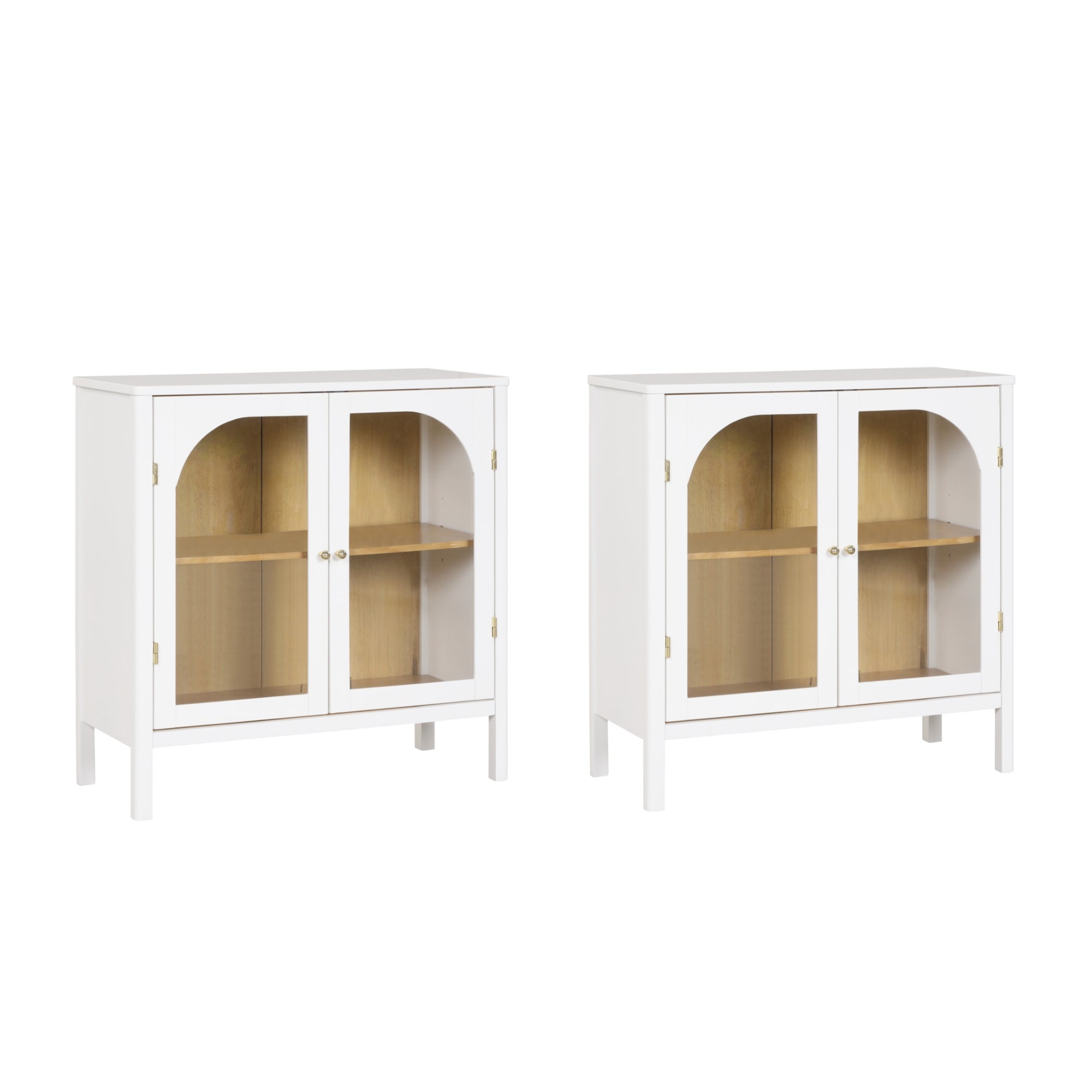 Two identical white cabinets with glass doors, natural wood interiors, and a single shelf inside, displayed side by side against a plain background.