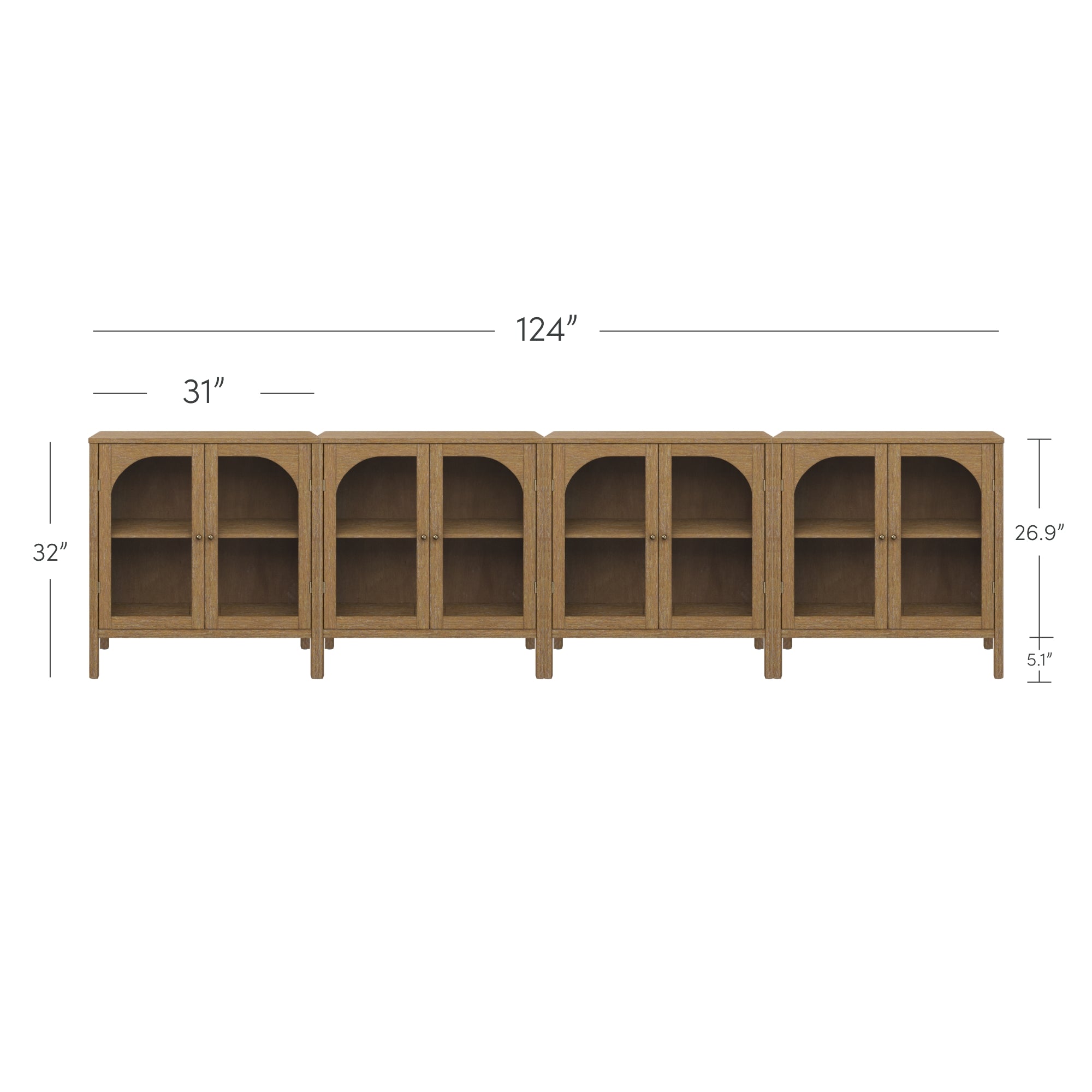 Sideboard with four wooden cabinets, each with two shelves and glass doors, aligned in a row. Dimensions are shown: 124 inches wide, 32 inches tall, 31 inches per cabinet, 26.9 inches deep, and 5.1-inch base.