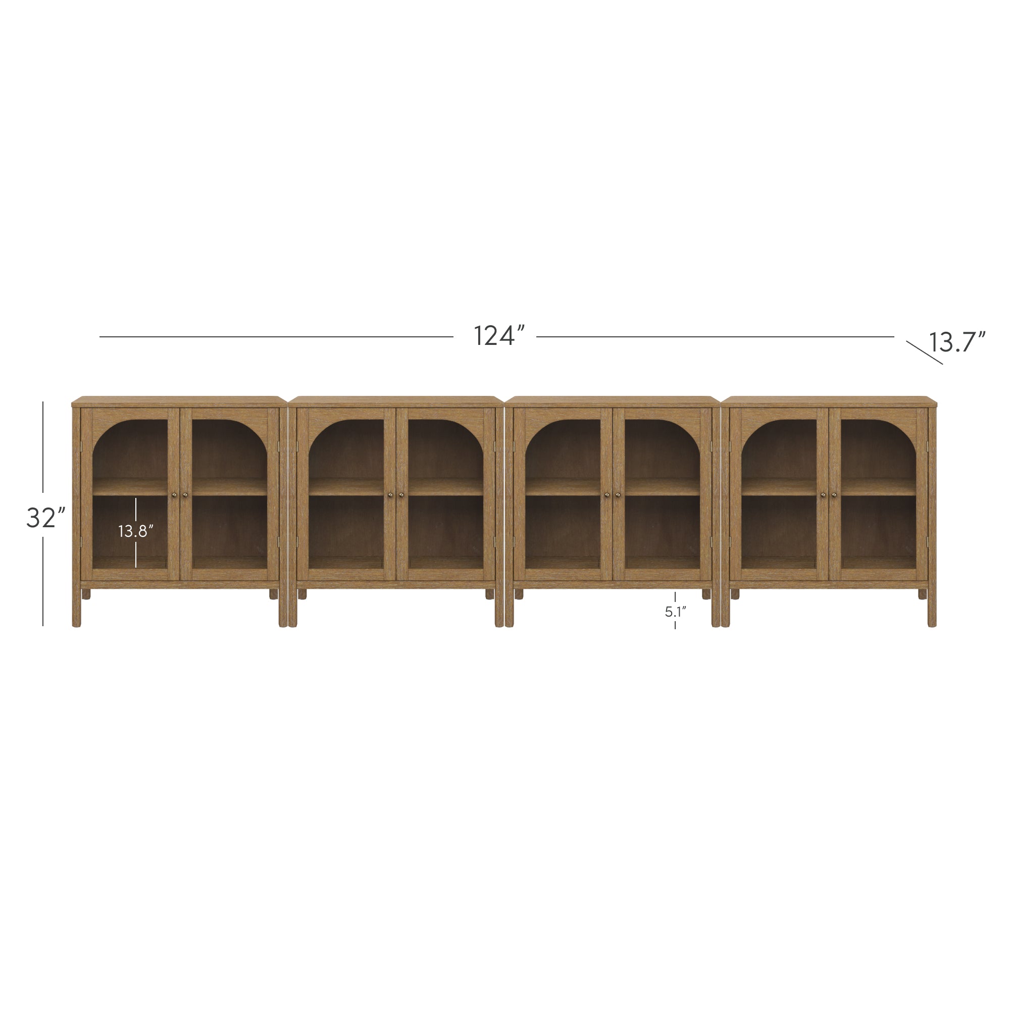 A long, four-section wooden cabinet with glass doors, measuring 124 inches wide, 32 inches high, and 13.7 inches deep. Each section has two shelves, with a shelf height of 13.8 inches and a leg height of 5.1 inches.
