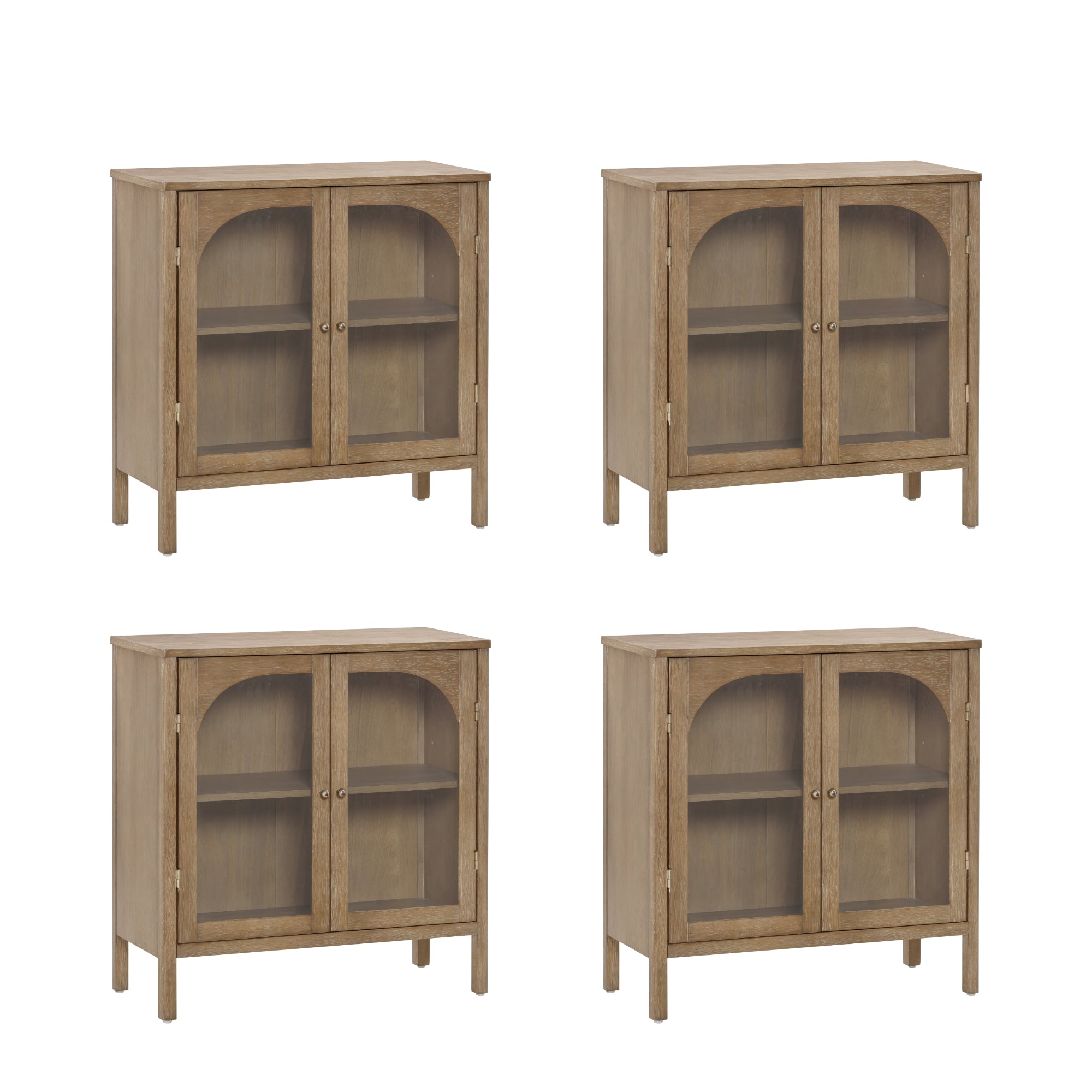 Four identical wooden cabinets with glass double doors and two shelves inside, shown from slightly different angles, displayed against a plain white background.