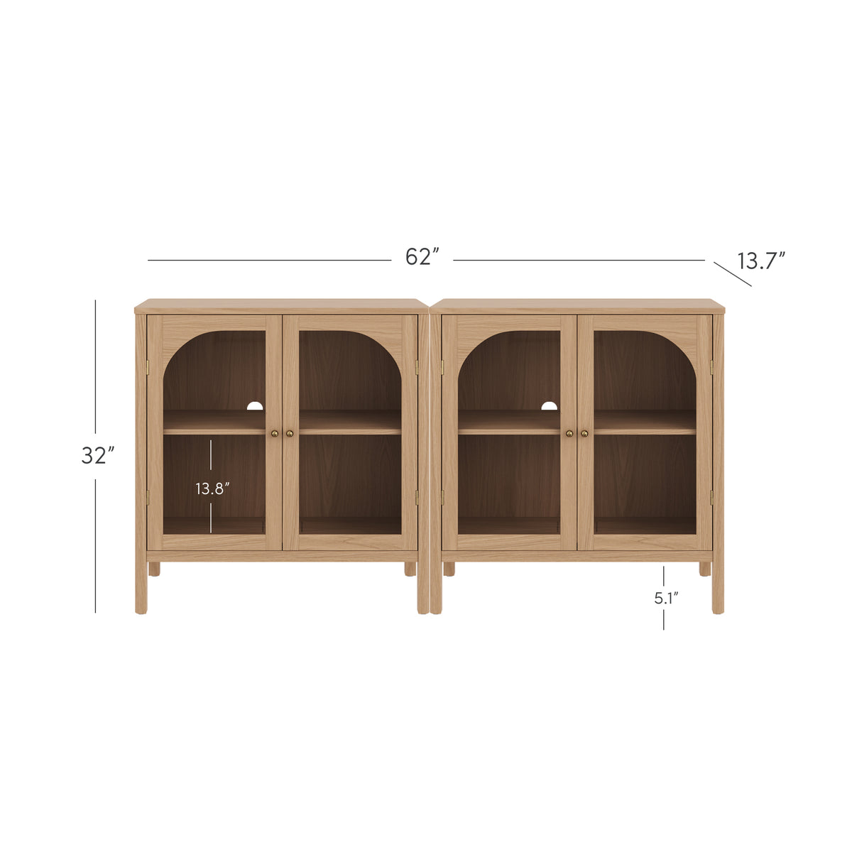 Two Nathan James Curio Cabinet Credenza with Glass Door Raw Oak sideboards, 62 inches wide, 32 inches high, and 13.7 inches deep, featuring light wood frames and arched glass doors.