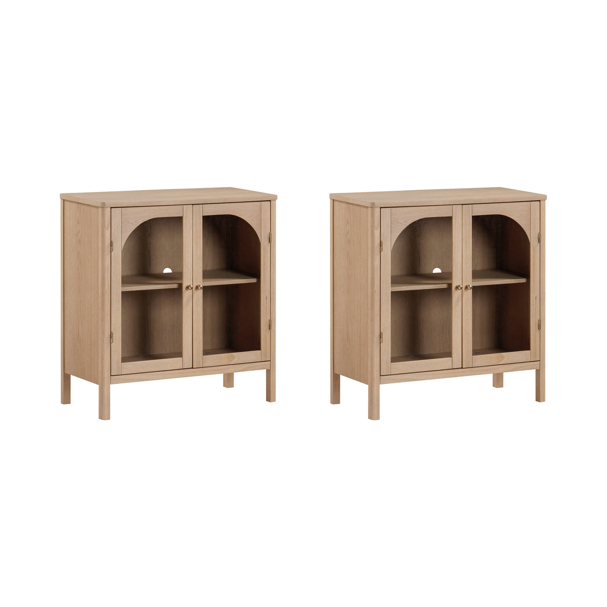 Two Curio Cabinet Credenza with Glass Door Raw Oak sideboards in light wood, each featuring two glass-fronted cabinet doors with arched detailing and brass hardware.