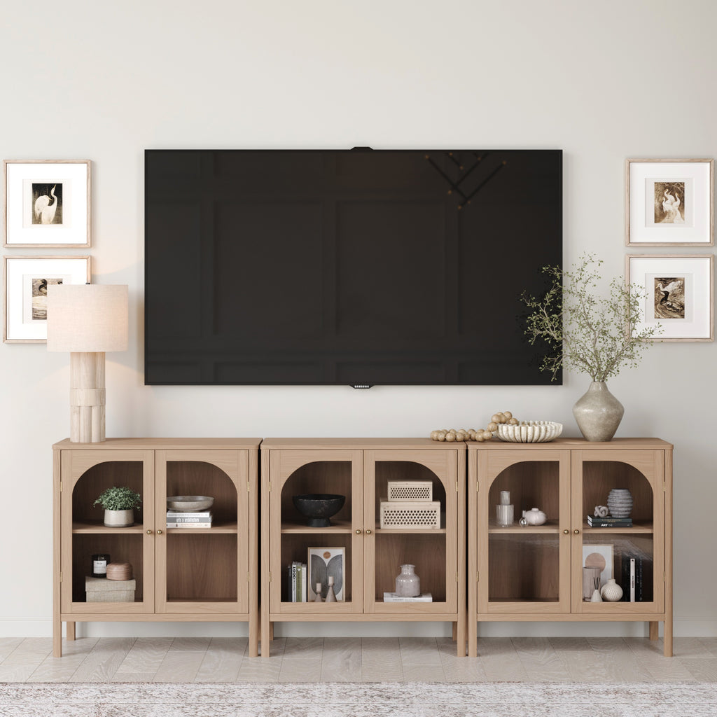 Arched Glass Door TV Console TVs up to 75" Raw Oak