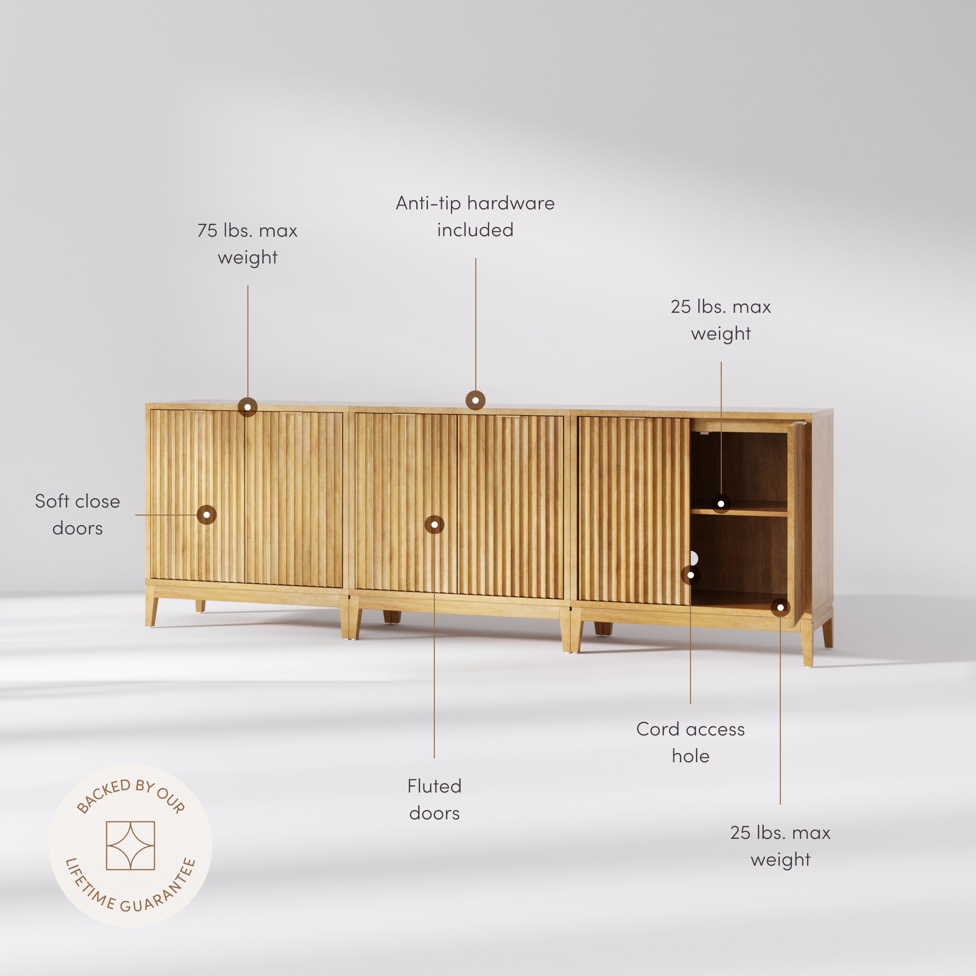 Jasper Credenza Warm Pine Set of 3 Mid-Century Fluted | Nathan James