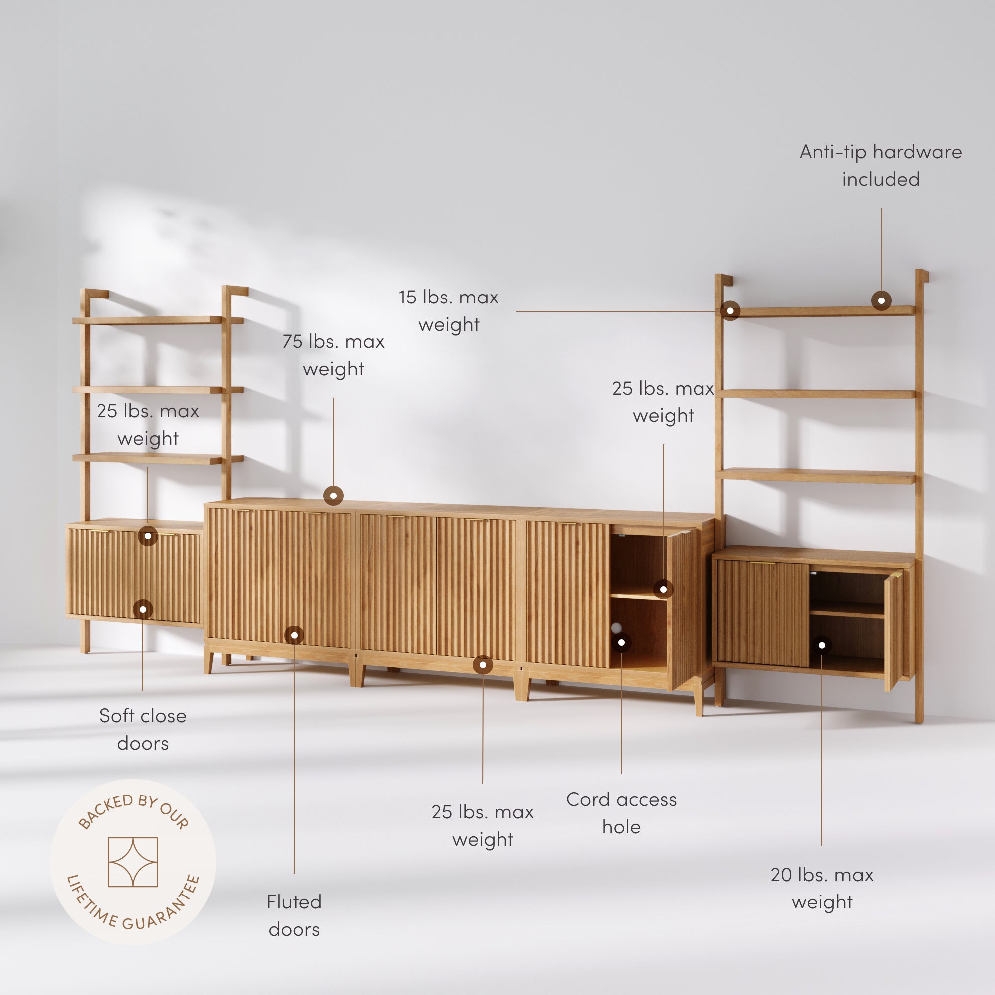Jasper Entertainment Center Warm Pine Gold 3 Cabinets | Nathan James