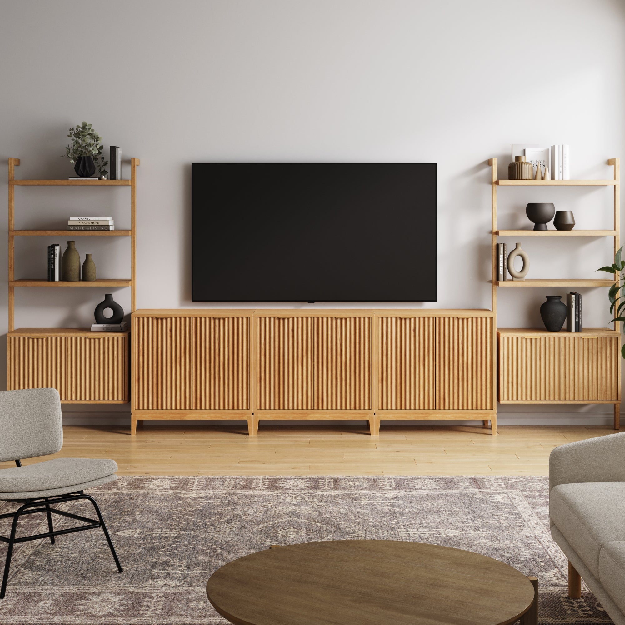 Jasper Entertainment Center Warm Pine Gold 3 Cabinets | Nathan James