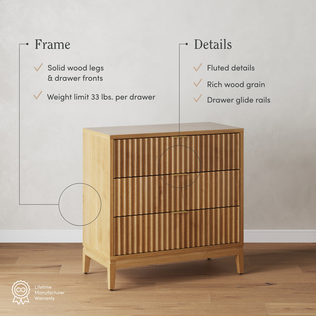 Mid-Century Fluted 3-Drawer Dressers Warm Pine (Set of 2)