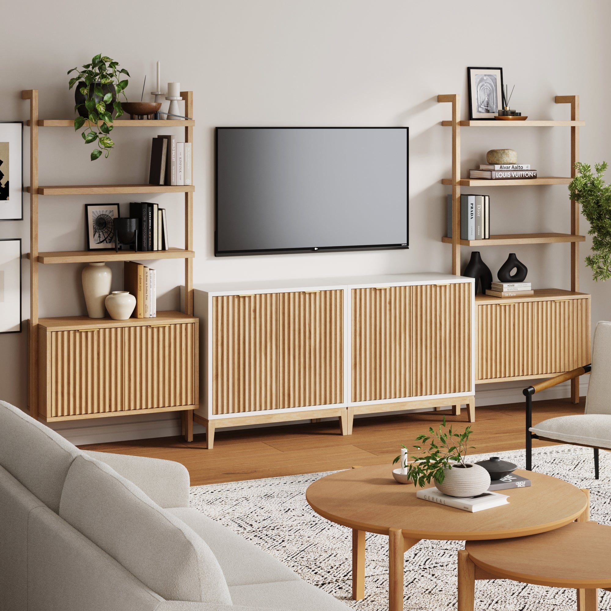 Modern Entertainment Center Light Brown White (2 Cabinets)