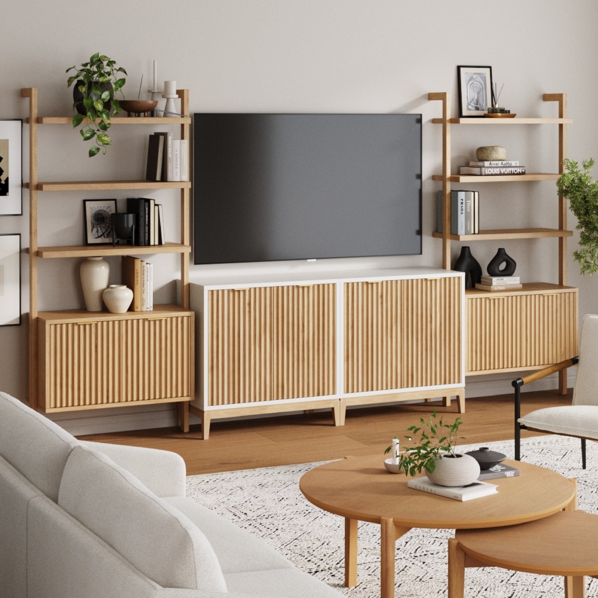 Mid-Century Entertainment Center Light Brown White (2 Cabinets)