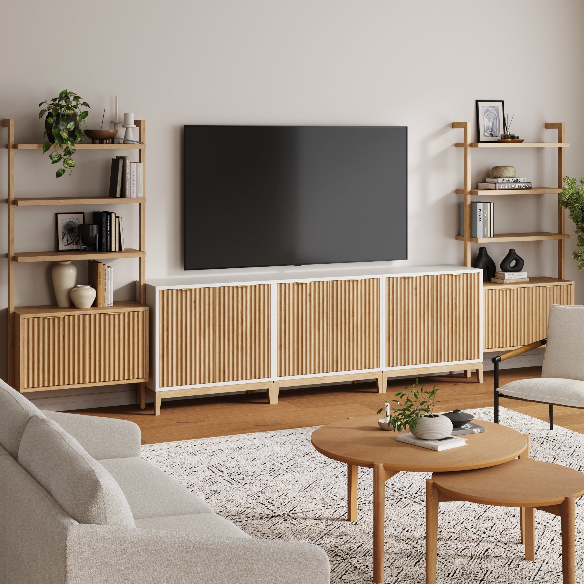 Mid-Century Entertainment Center Light Brown White (3 Cabinets)