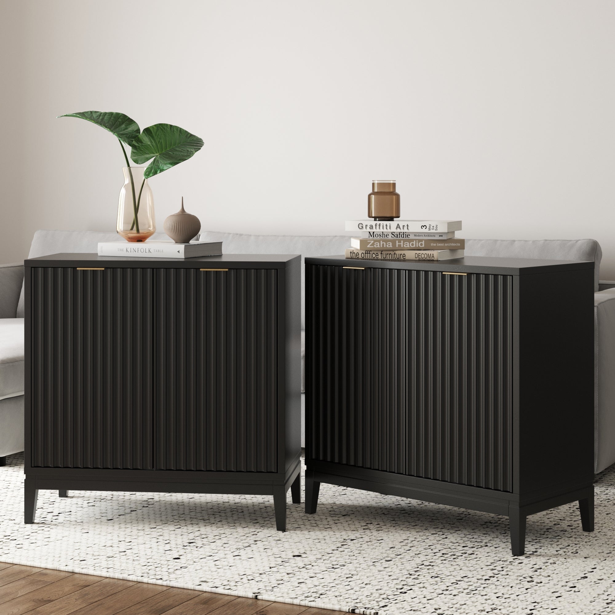 Mid-Century Fluted TV Console Credenza Black (Set of 2)