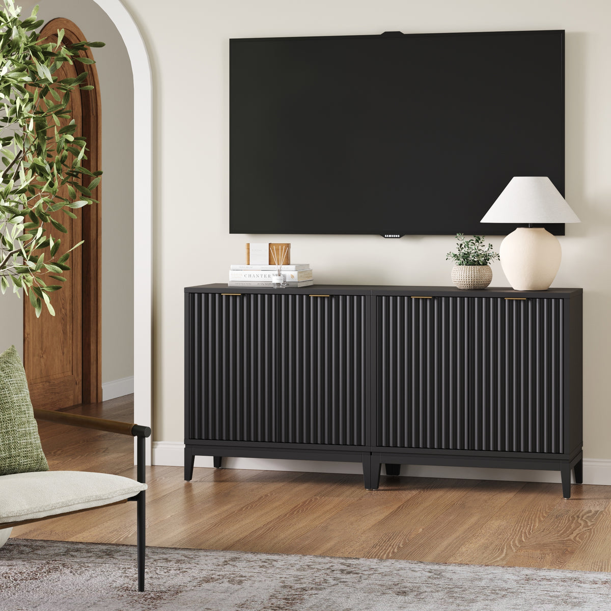 black tv dresser stand Jasper Console Arched Glass Door White for 65