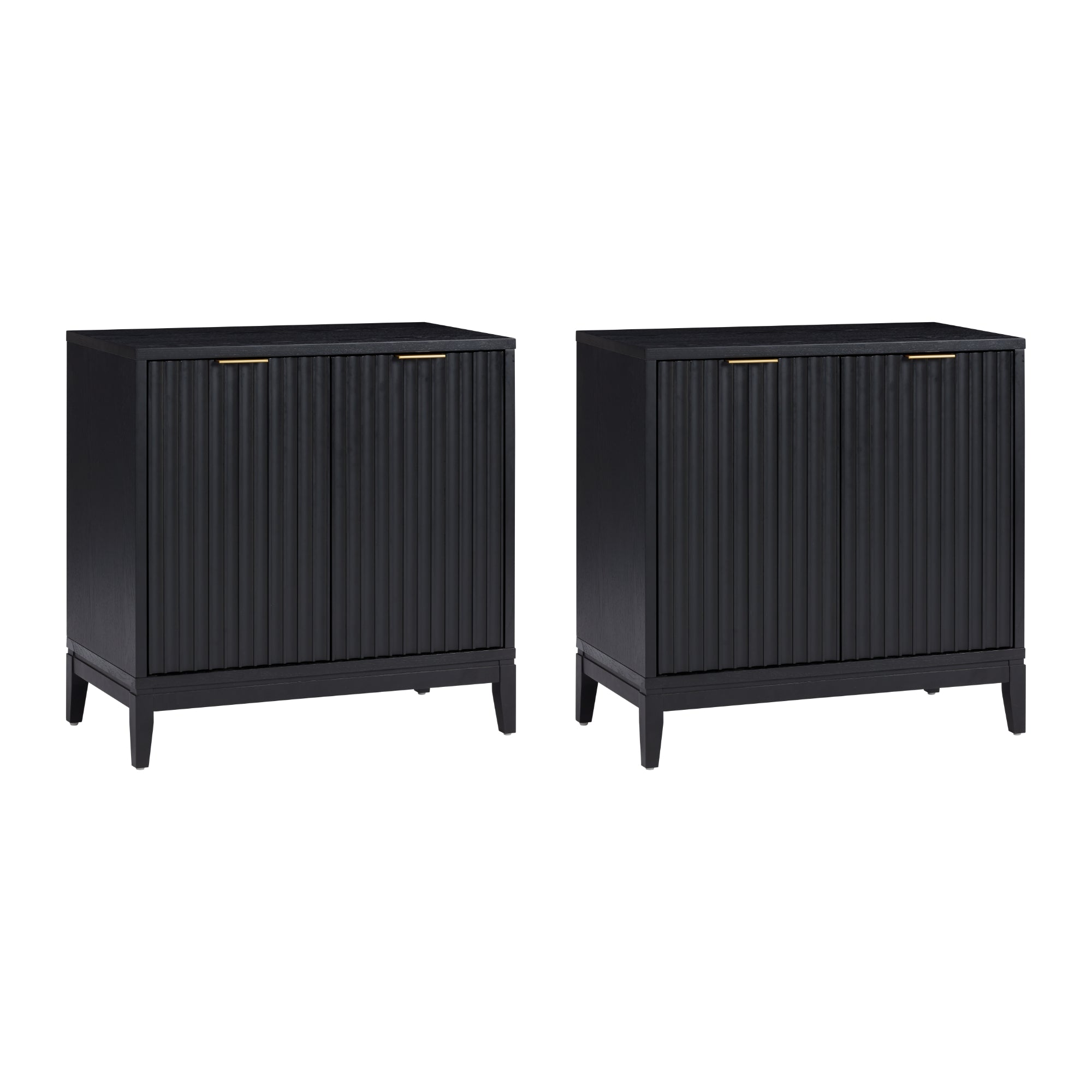 Two black wooden cabinets with vertical grooved doors, gold handles, and short legs, shown side by side against a white background.
