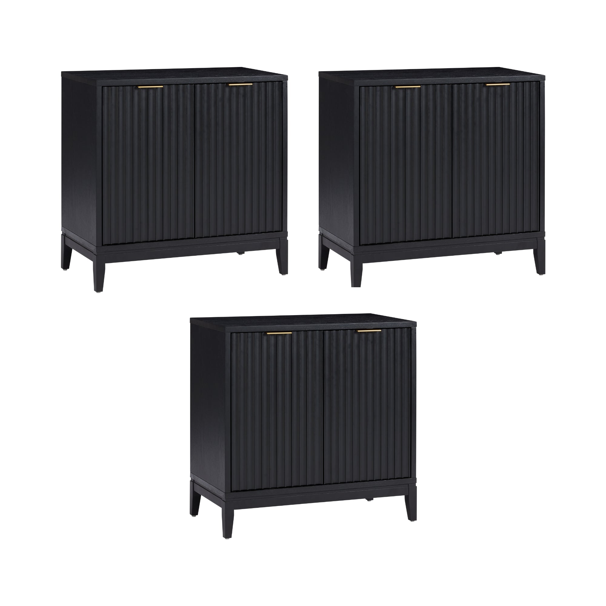 Three identical black wooden cabinets with vertical grooves on the doors, gold handles, and four legs, arranged in two at the top and one at the bottom against a white background.