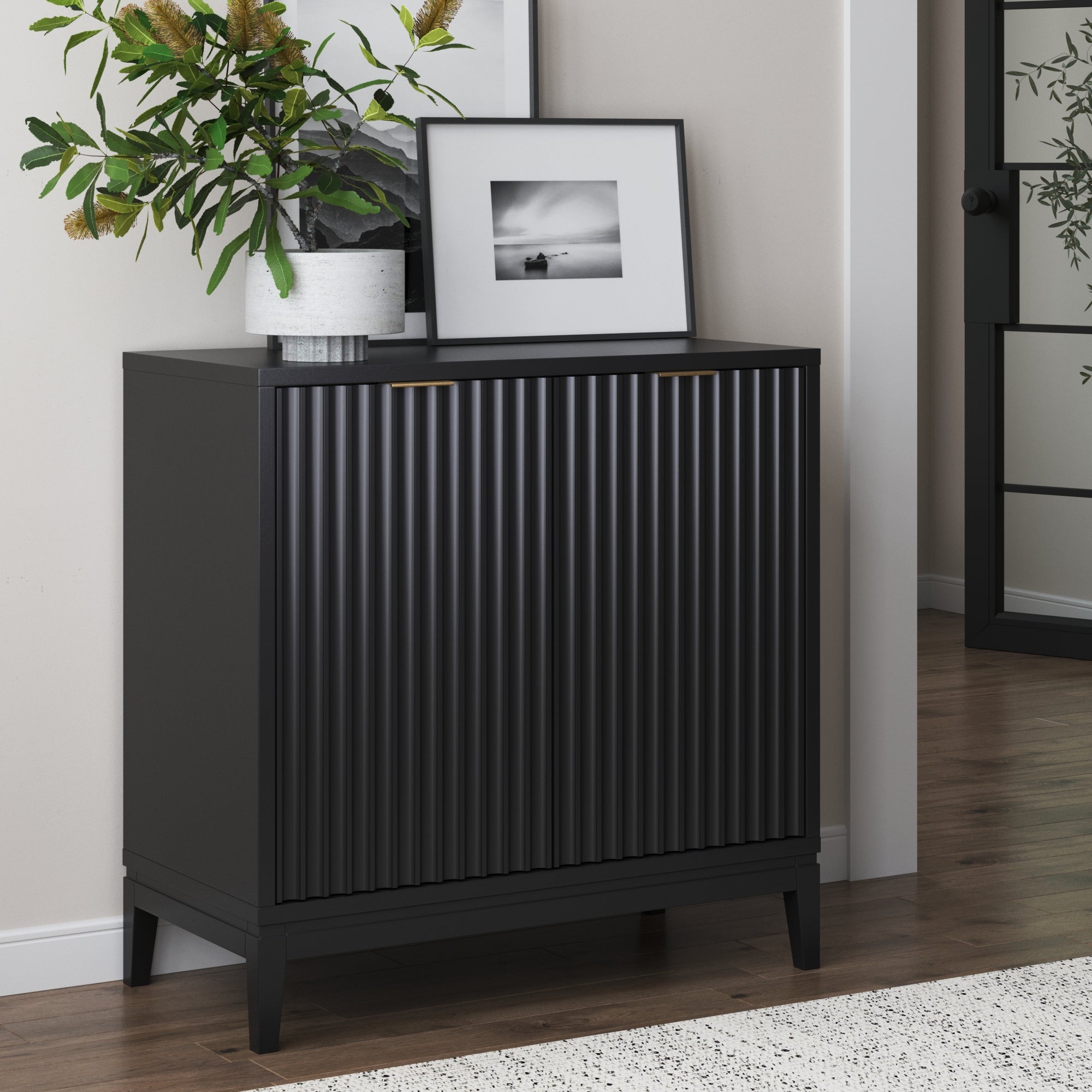 Boho Wood Fluted Storage Cabinet Black