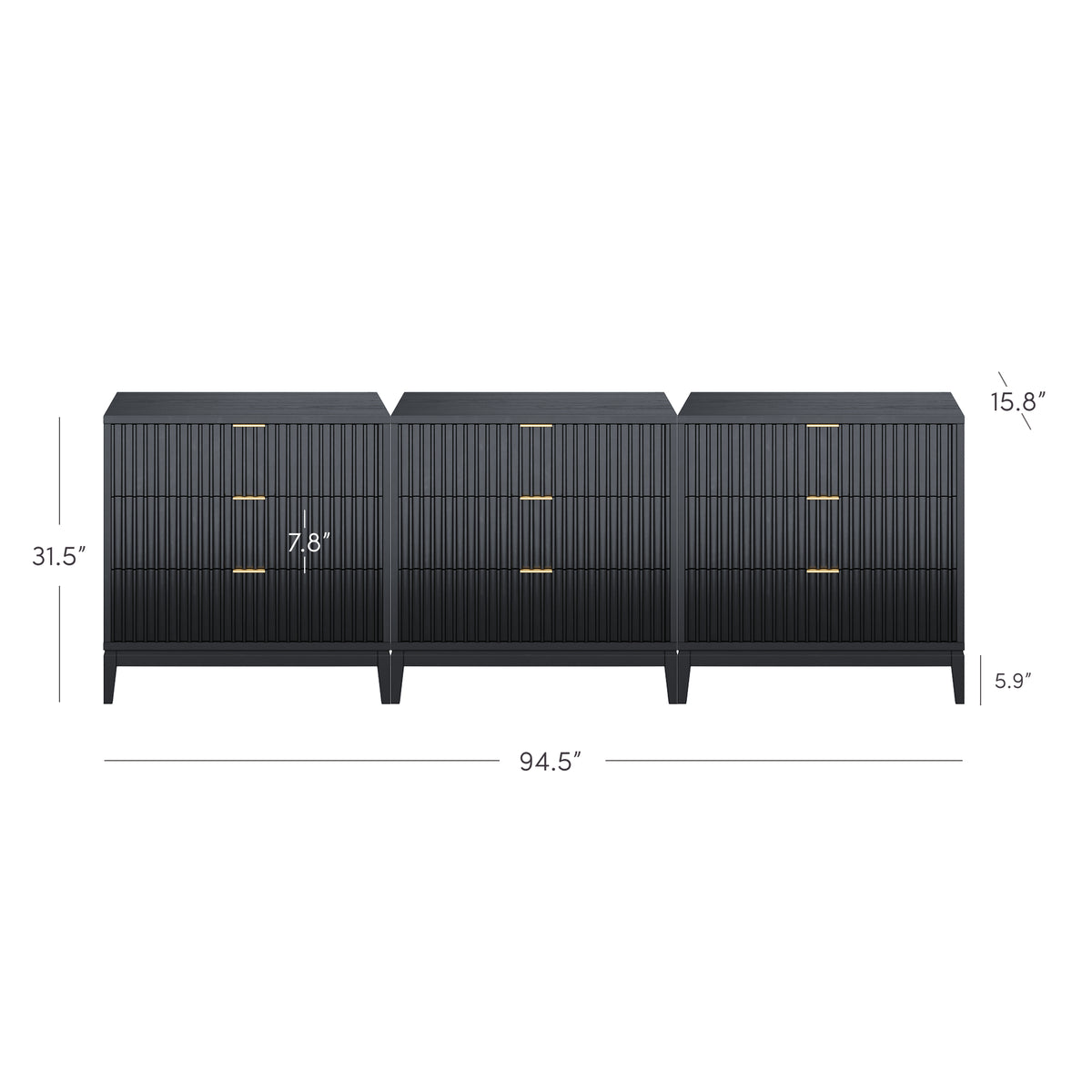 Mid-Century Fluted 9-Drawer Extra Large Dresser Black (Set of 3)