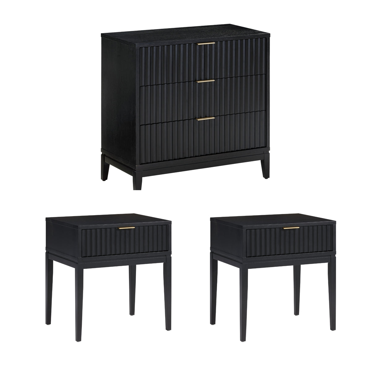 Mid-Century Wooden Fluted Dresser & Nightstand Set Black Oak
