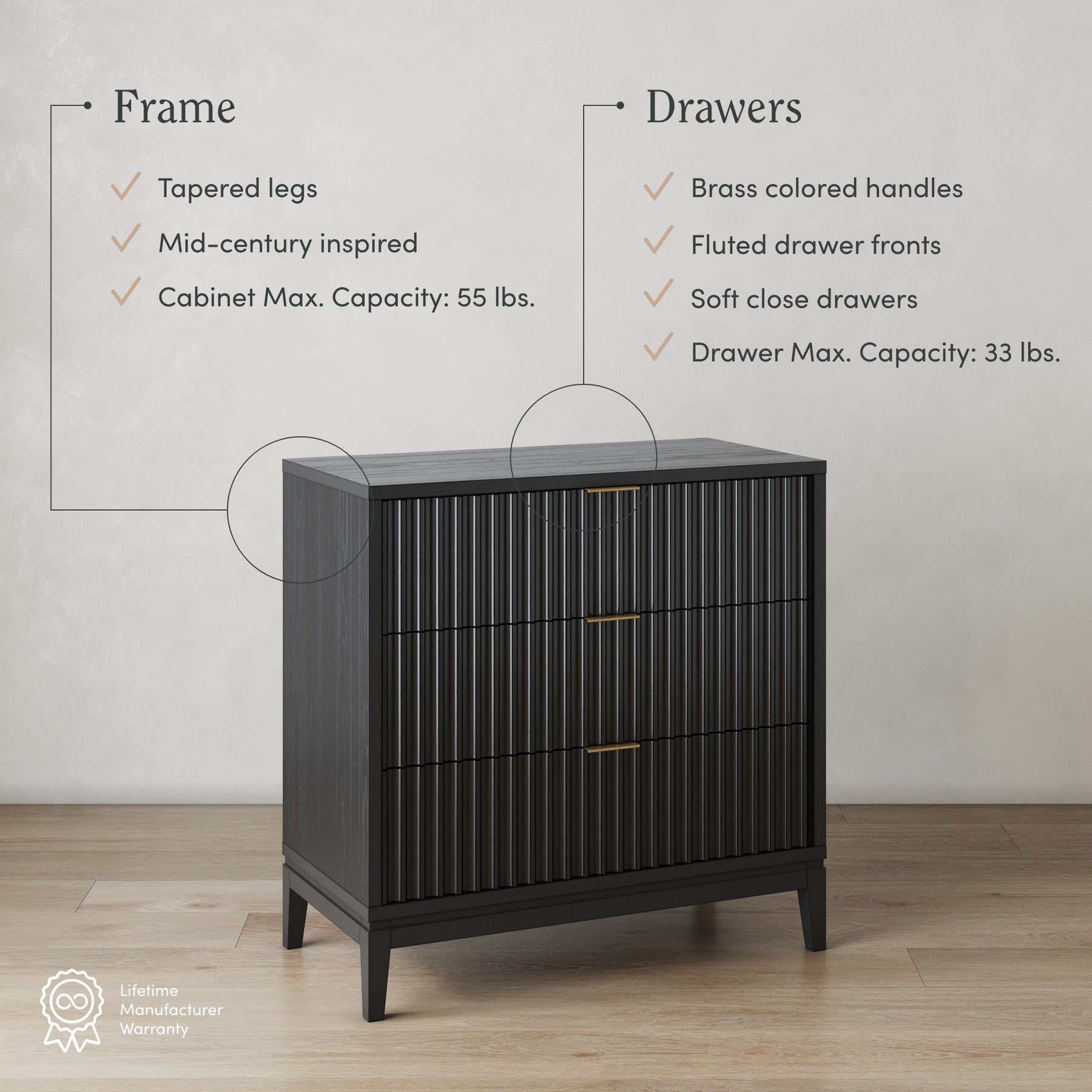 Jasper Mid-Century Fluted 3-Drawer Dresser Black