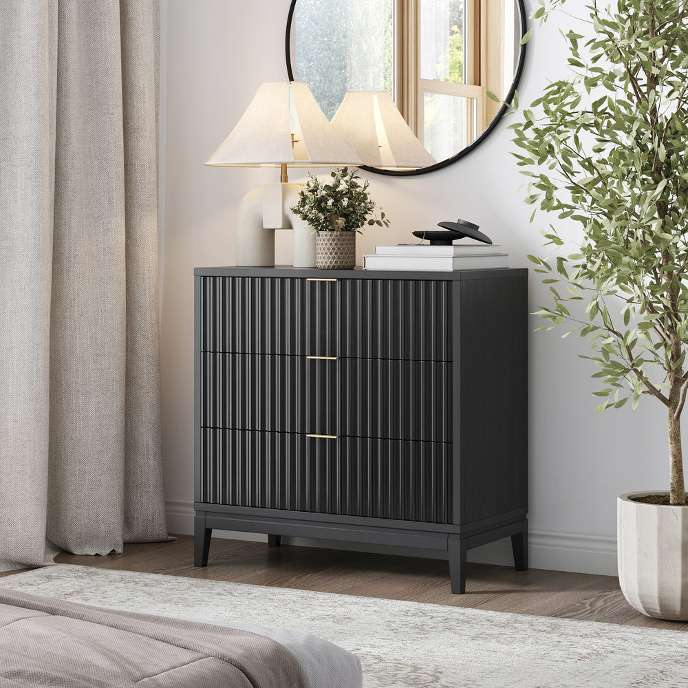 Jasper Mid-Century Fluted 3-Drawer Dresser Black