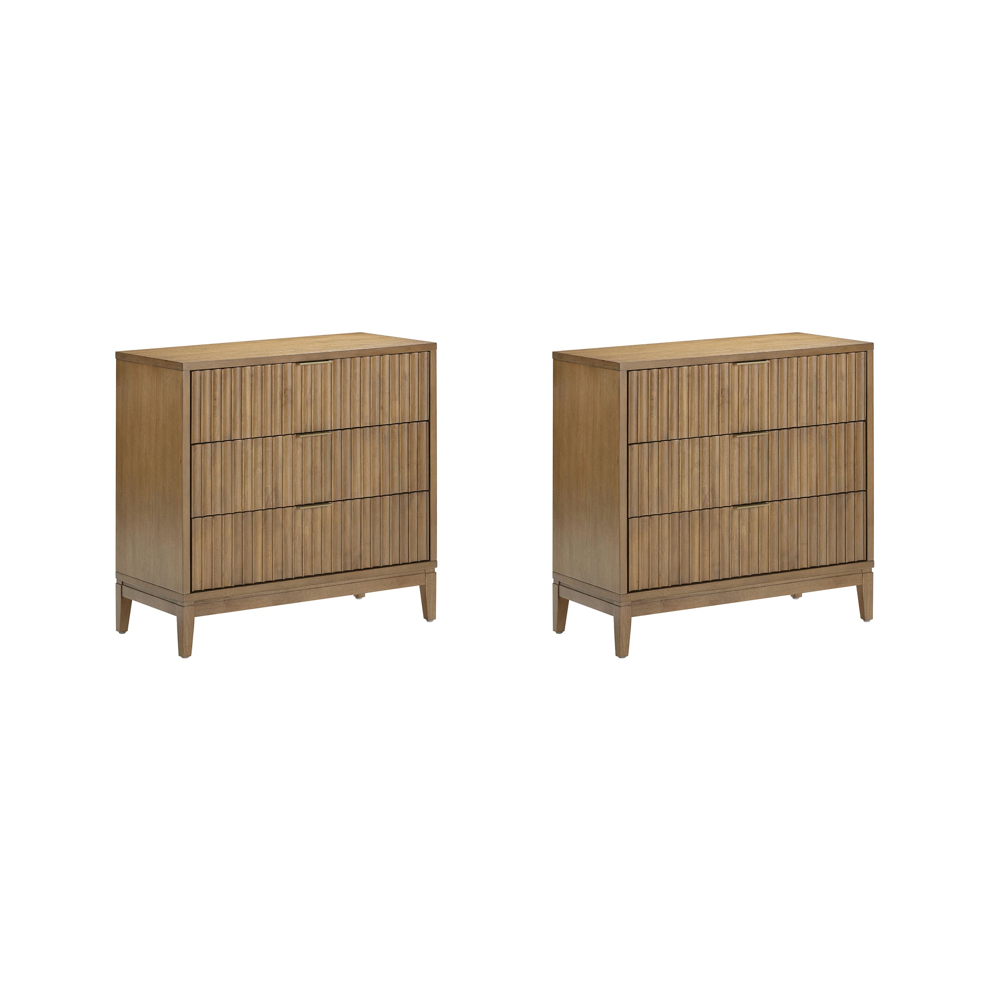 A pair of wooden dressers with three drawers each, featuring a ribbed front design and tapered legs, displayed on a white background.
