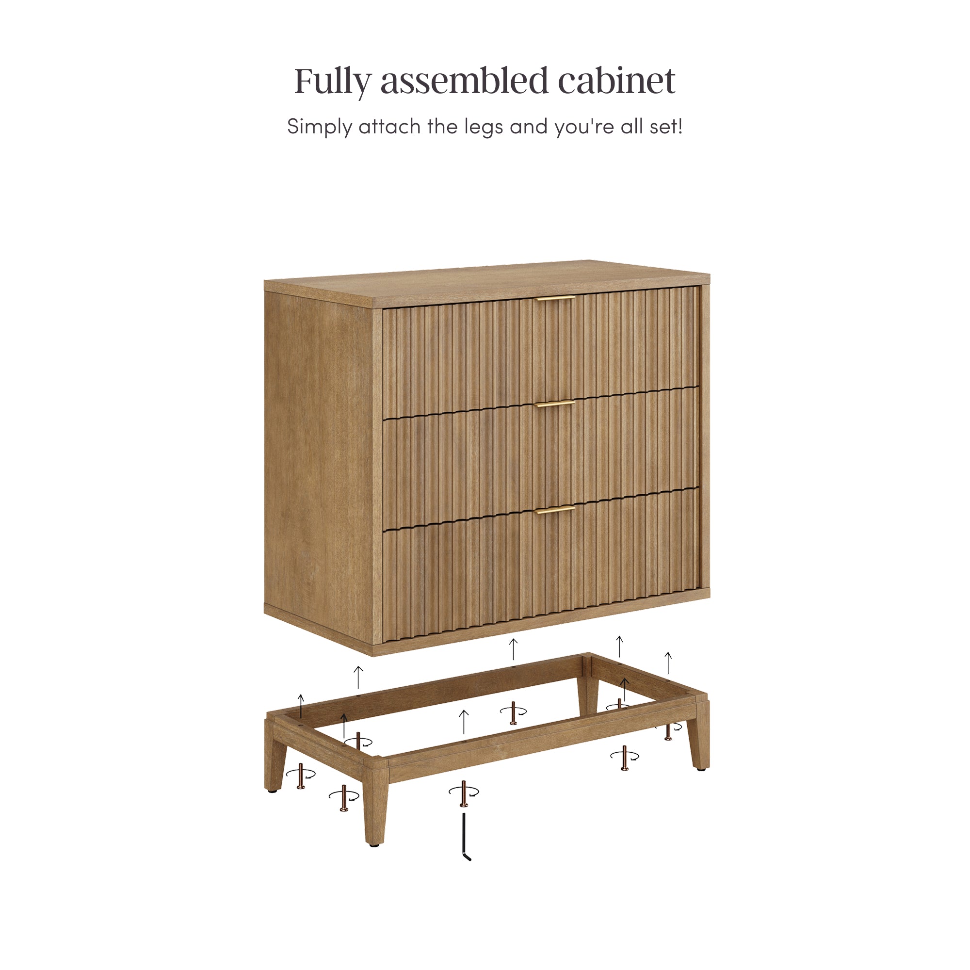 A wooden, three-drawer cabinet with vertical grooves is shown above a matching wooden base. Arrows indicate that the cabinet should be placed onto the base to complete assembly. Text reads, “Fully assembled cabinet—Simply attach the legs.”.