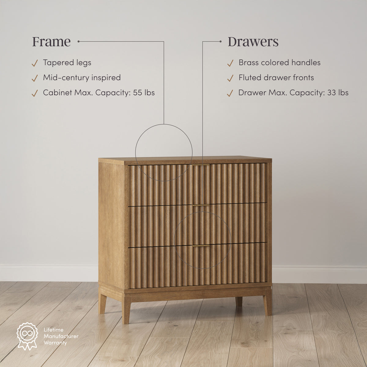 Bohemian Solid Wood 3-Drawer Fluted Dresser Light Brown (Set of 3)