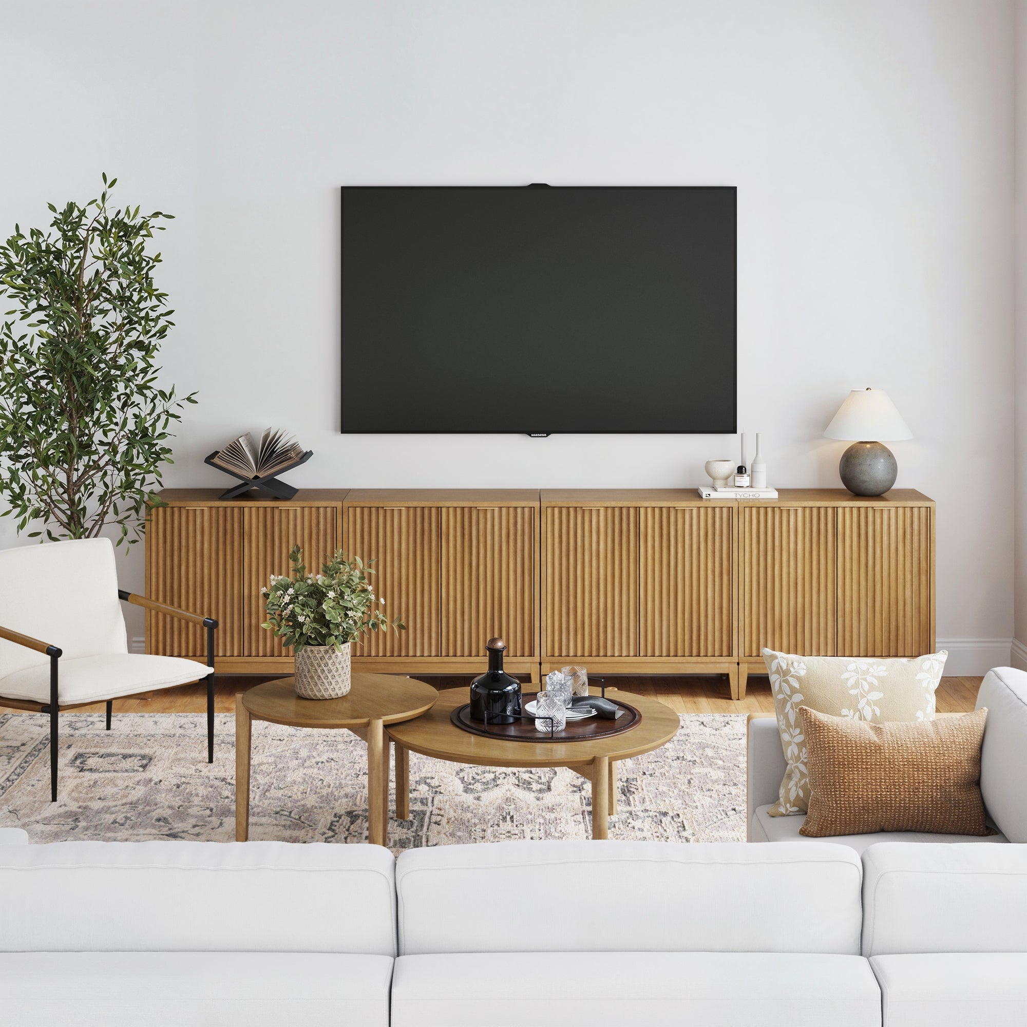 Mid-Century Large Fluted Credenza Console Table Light Brown (Set of 4)