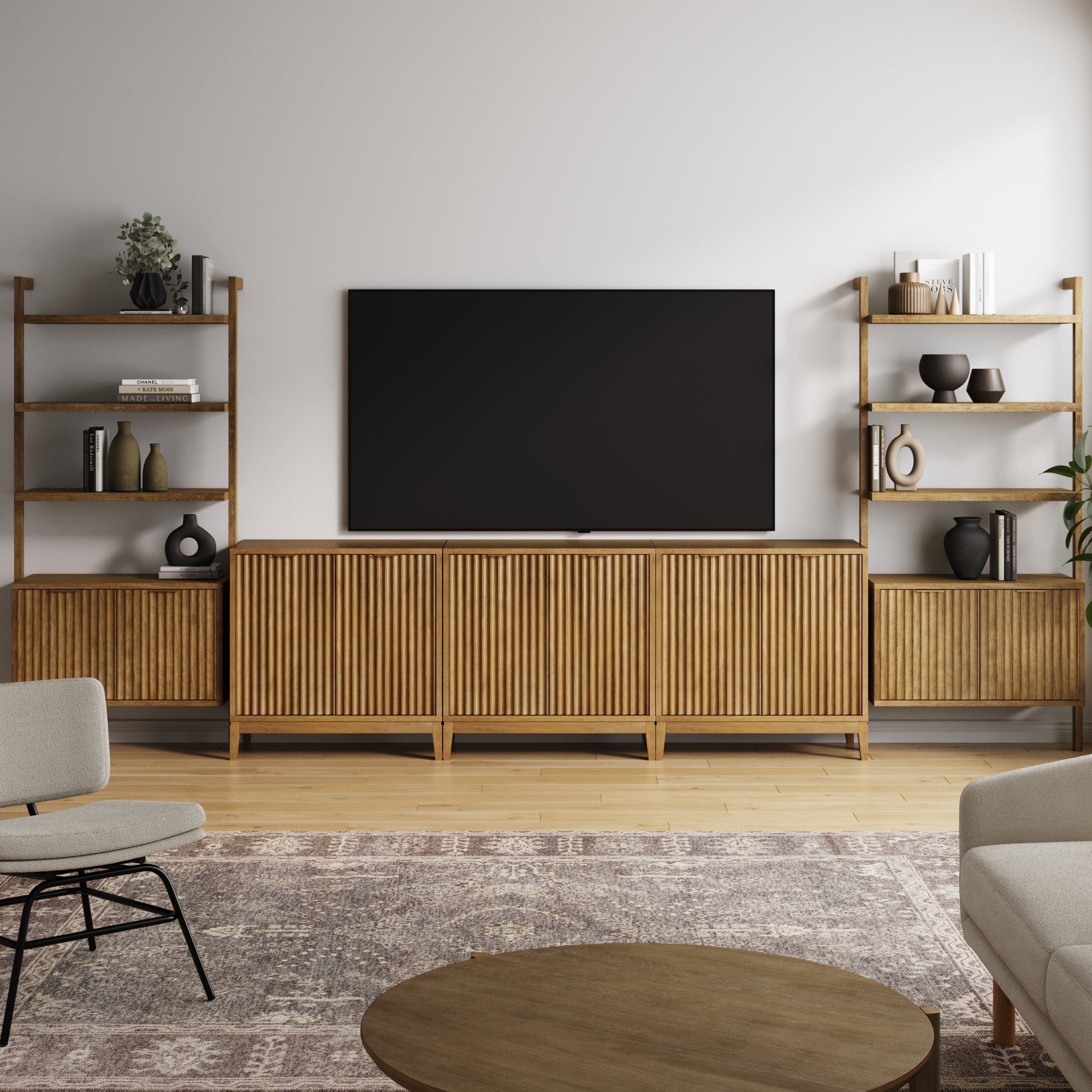 Mid-Century Entertainment Center Light Brown (3 Cabinets)