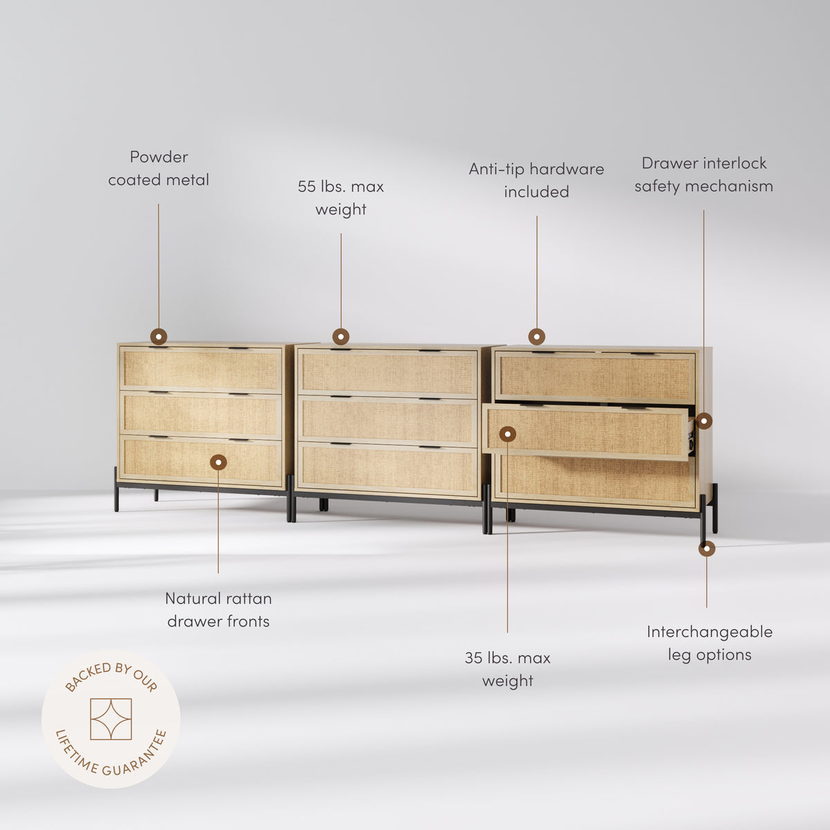 light wood dresser with black hardware Rattan & Wood Dressers Light Oak (Set of 3)