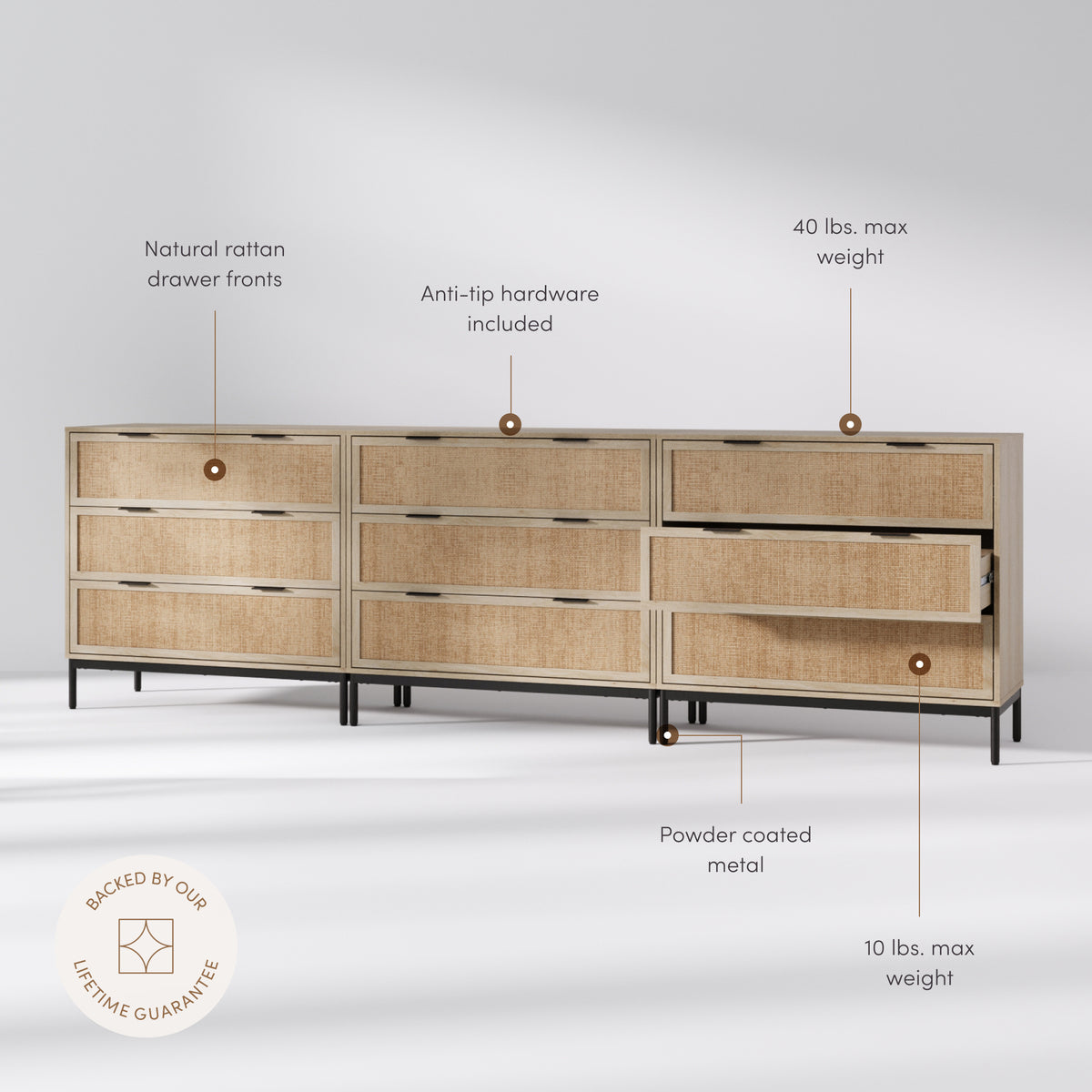 Rattan & Wood Dressers Light Oak (Set of 3) - Nathan James