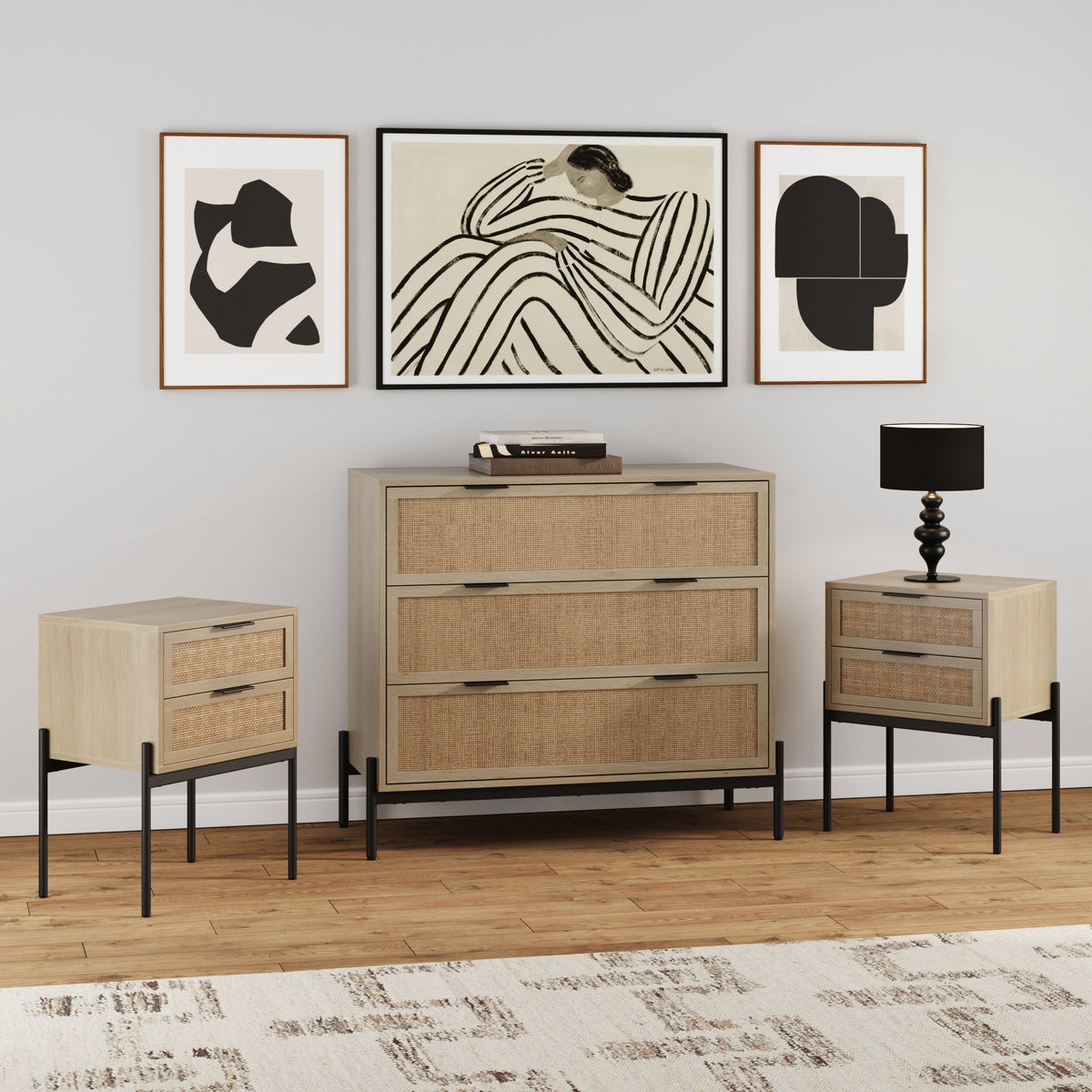 dresser and nightstand set brown Oak Rattan Nightstand and Dresser Set with Drawers