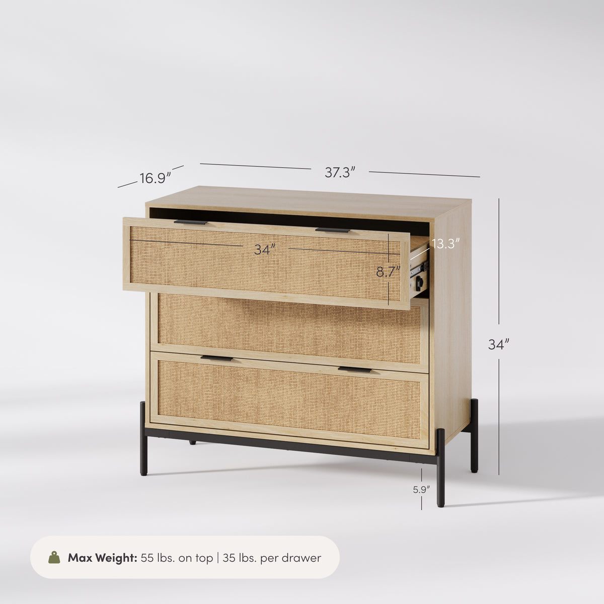 Rattan & Wood 3-Drawer Dresser Light Oak Rattan & Wood 3-Drawer Dresser Light Oak